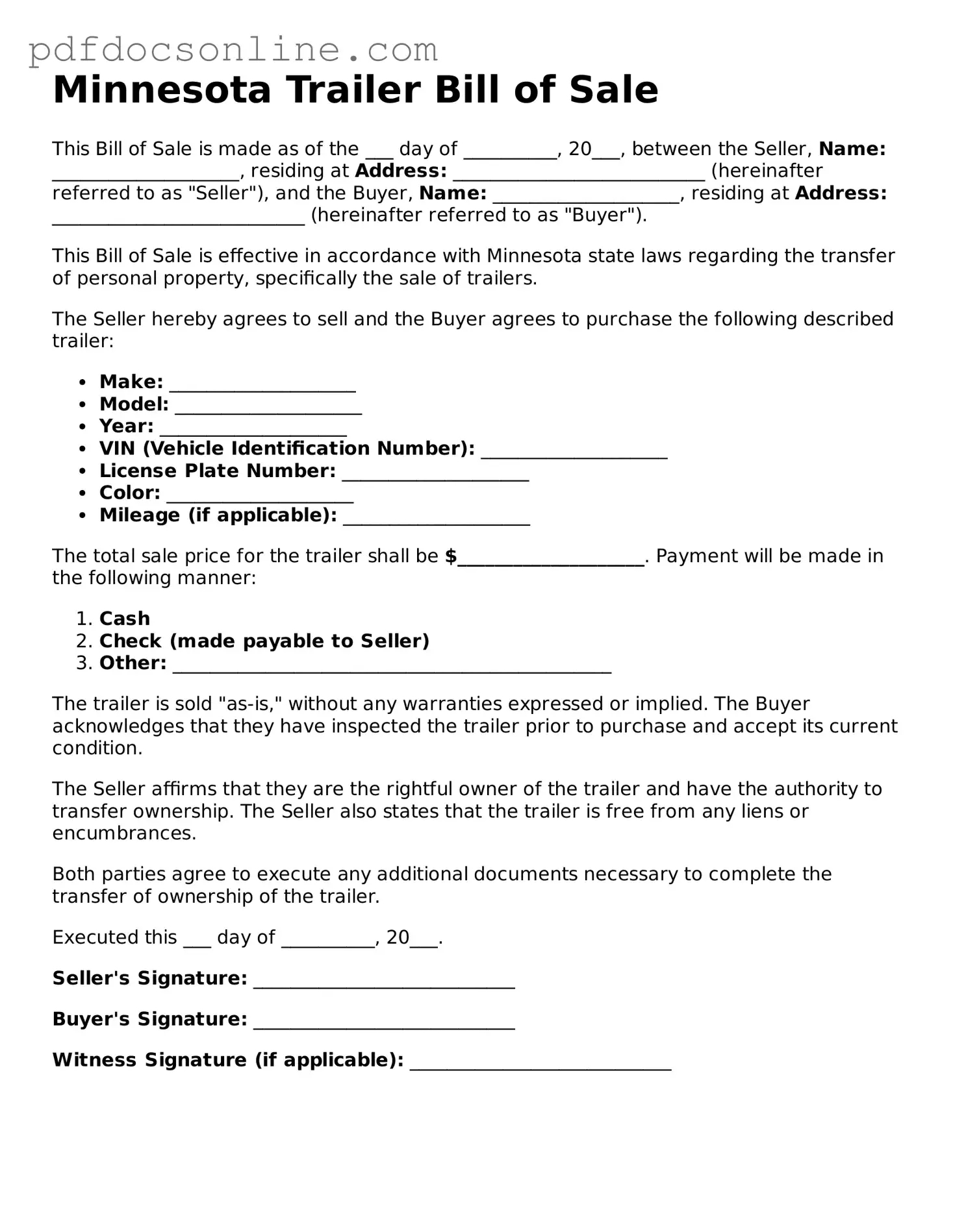 Attorney-Verified  Trailer Bill of Sale Form for Minnesota