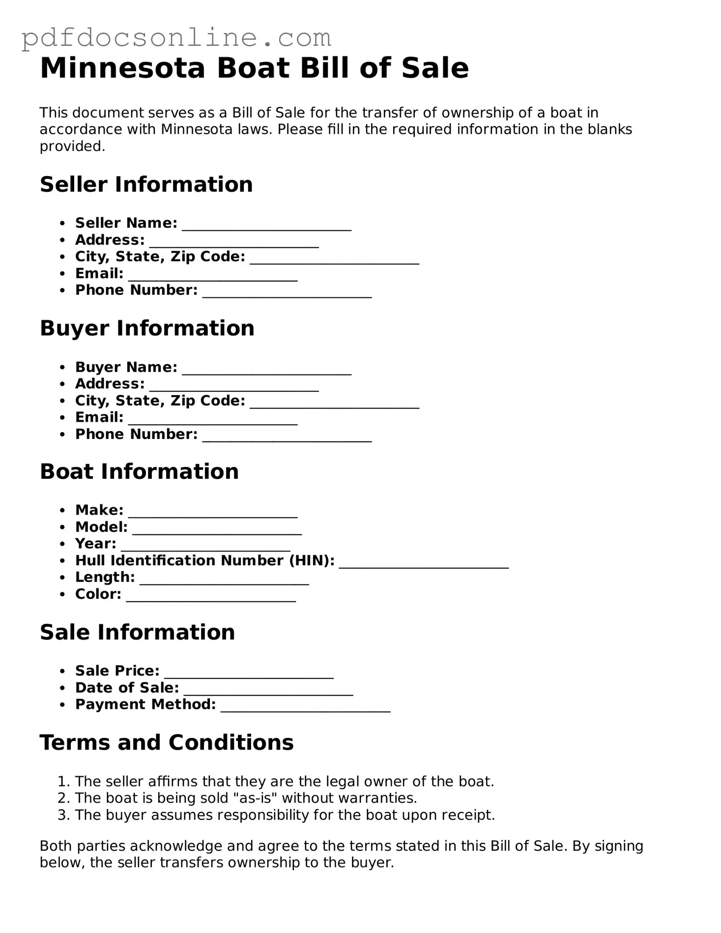 Attorney-Verified  Boat Bill of Sale Form for Minnesota