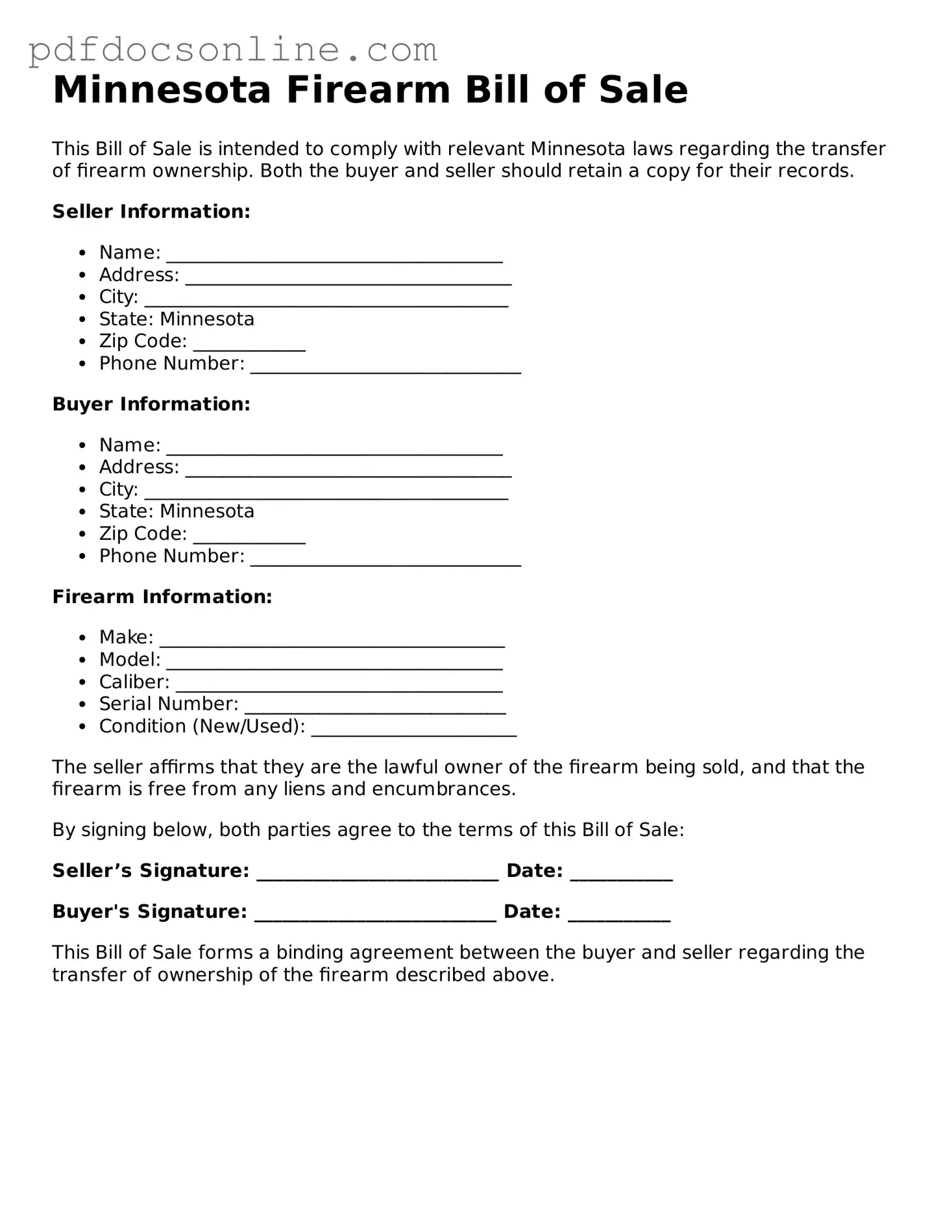 Attorney-Verified  Firearm Bill of Sale Form for Minnesota