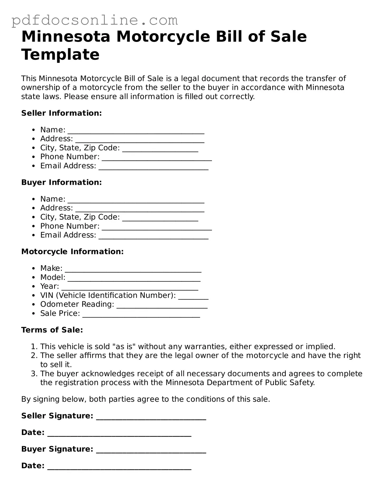 Attorney-Verified  Motorcycle Bill of Sale Form for Minnesota