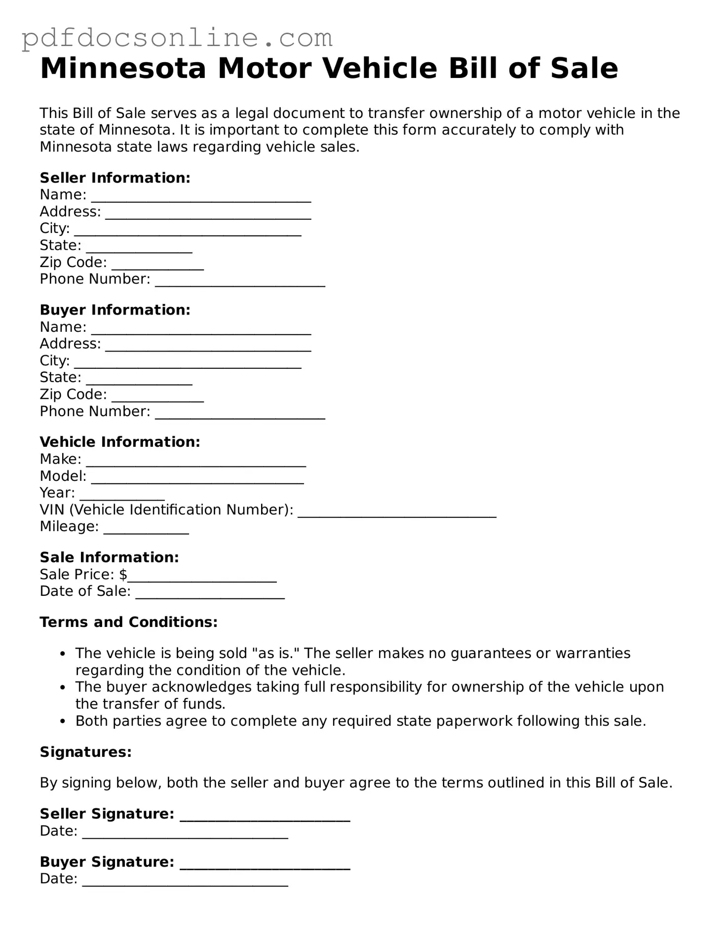 Attorney-Verified  Motor Vehicle Bill of Sale Form for Minnesota