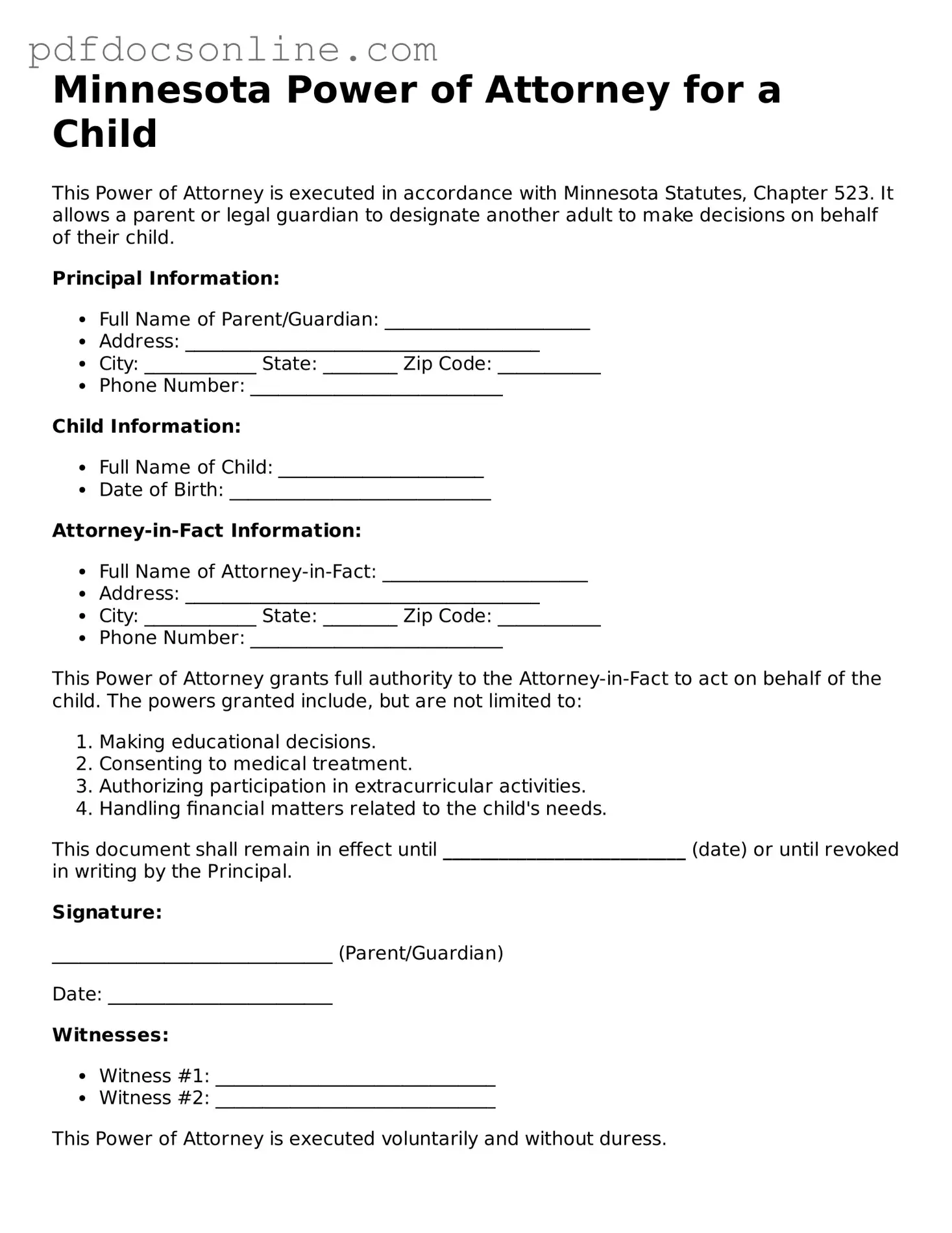 Attorney-Verified  Power of Attorney for a Child Form for Minnesota