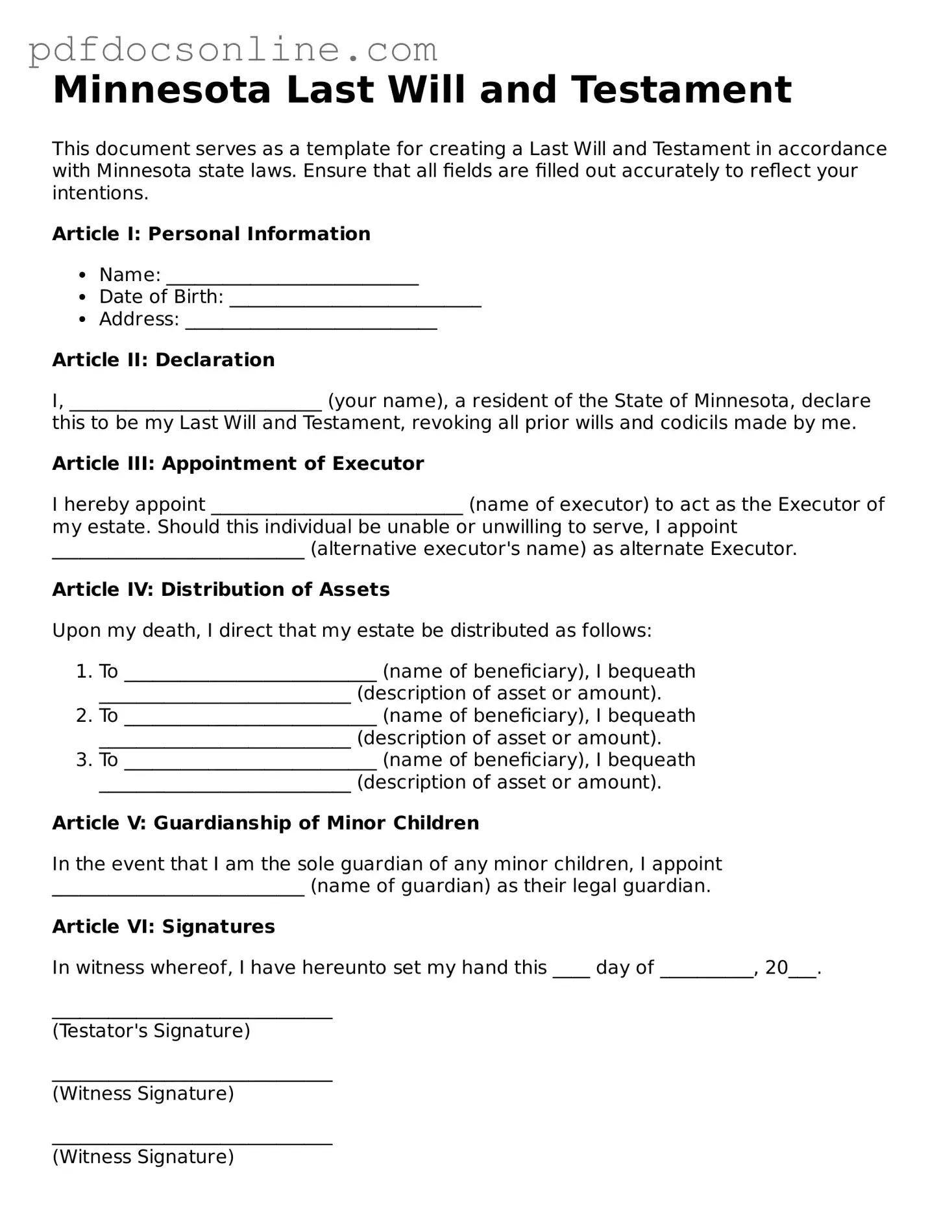 Attorney-Verified  Last Will and Testament Form for Minnesota
