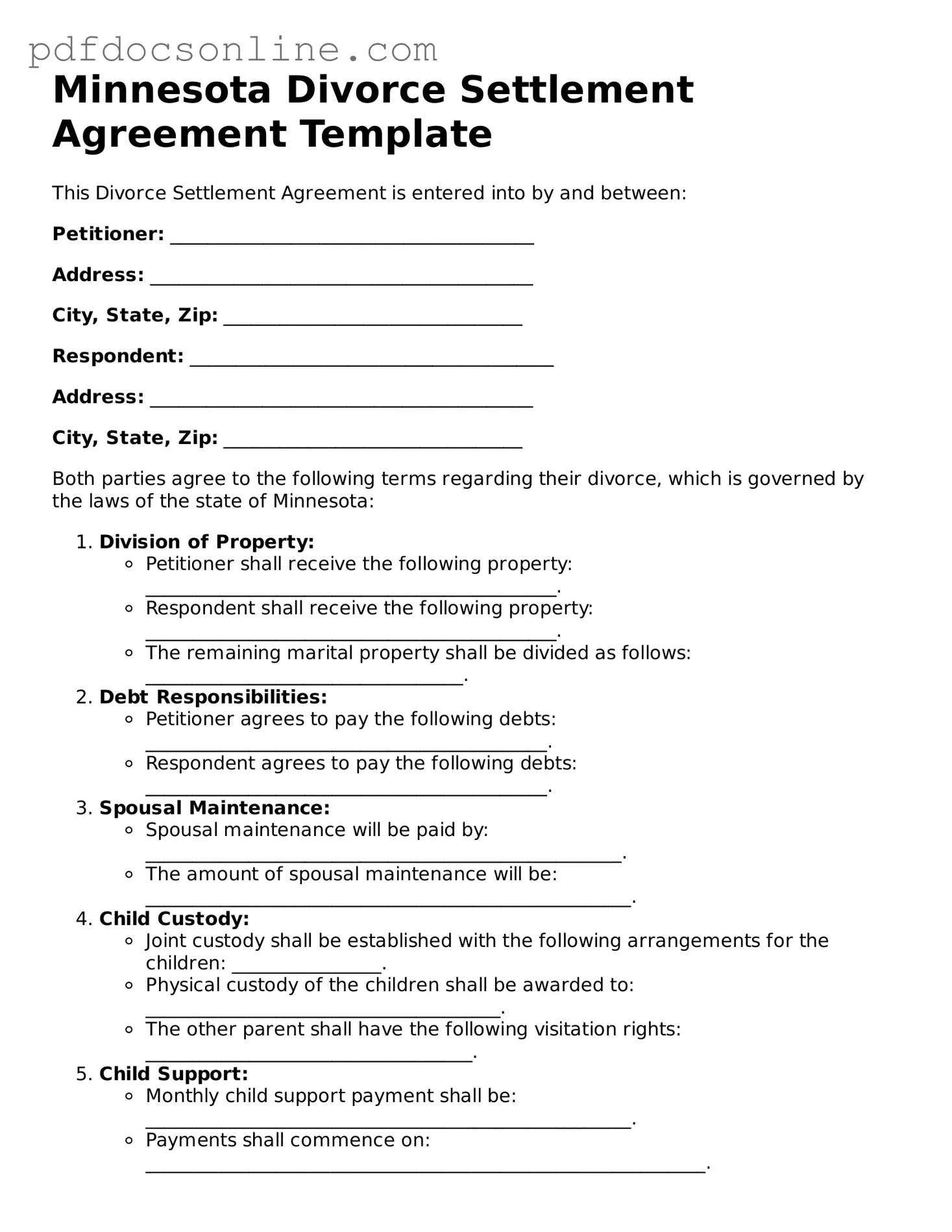 Attorney-Verified  Divorce Settlement Agreement Form for Minnesota