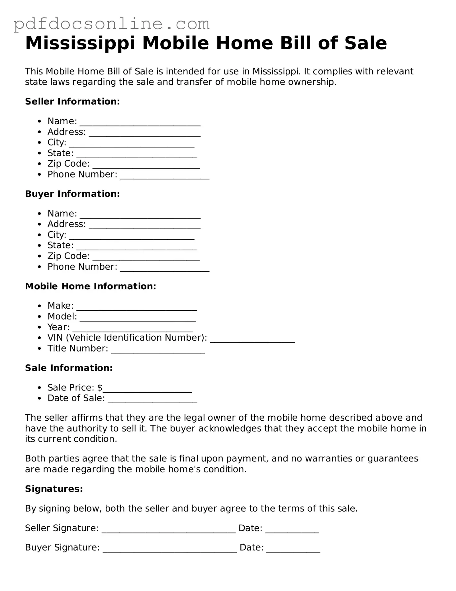 Attorney-Verified  Mobile Home Bill of Sale Form for Mississippi