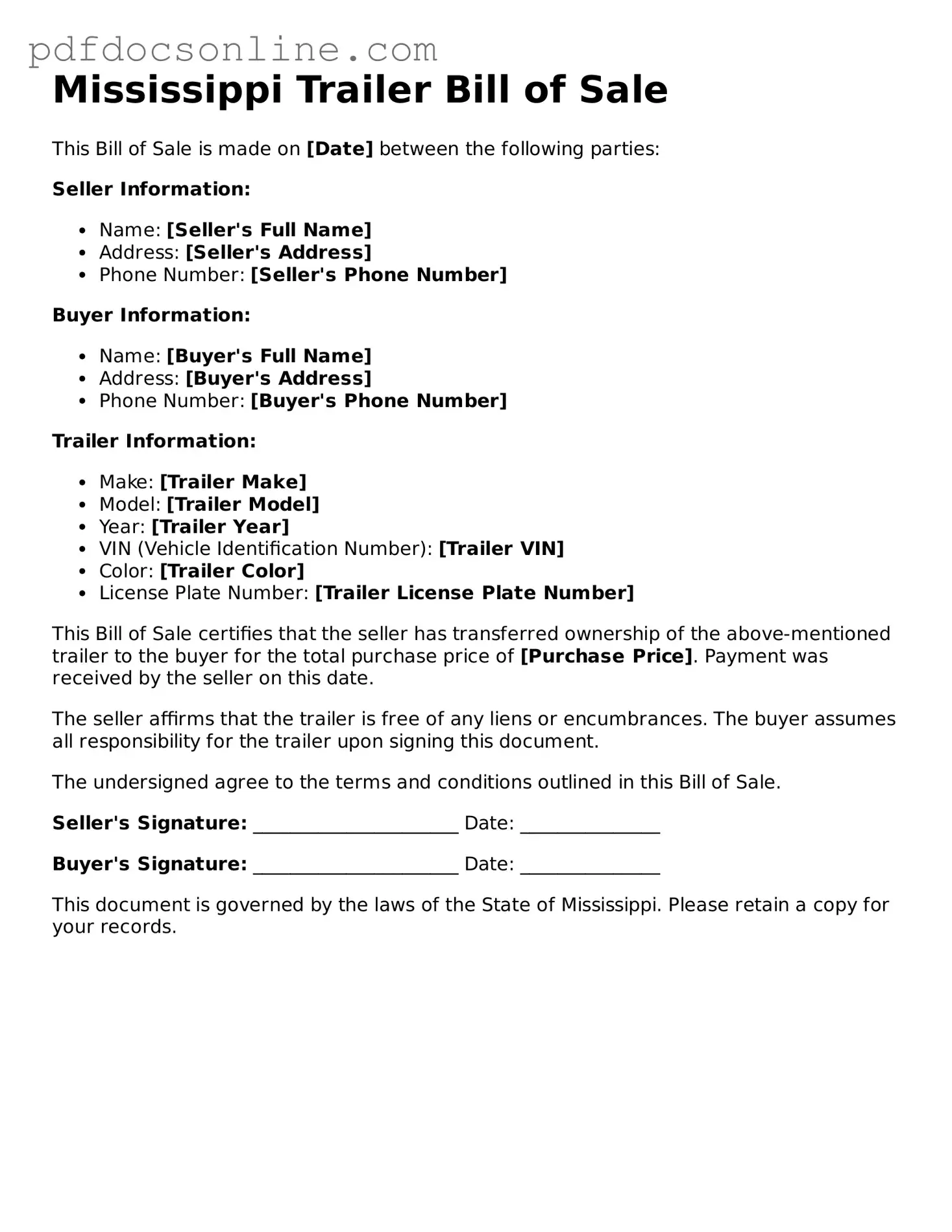 Attorney-Verified  Trailer Bill of Sale Form for Mississippi