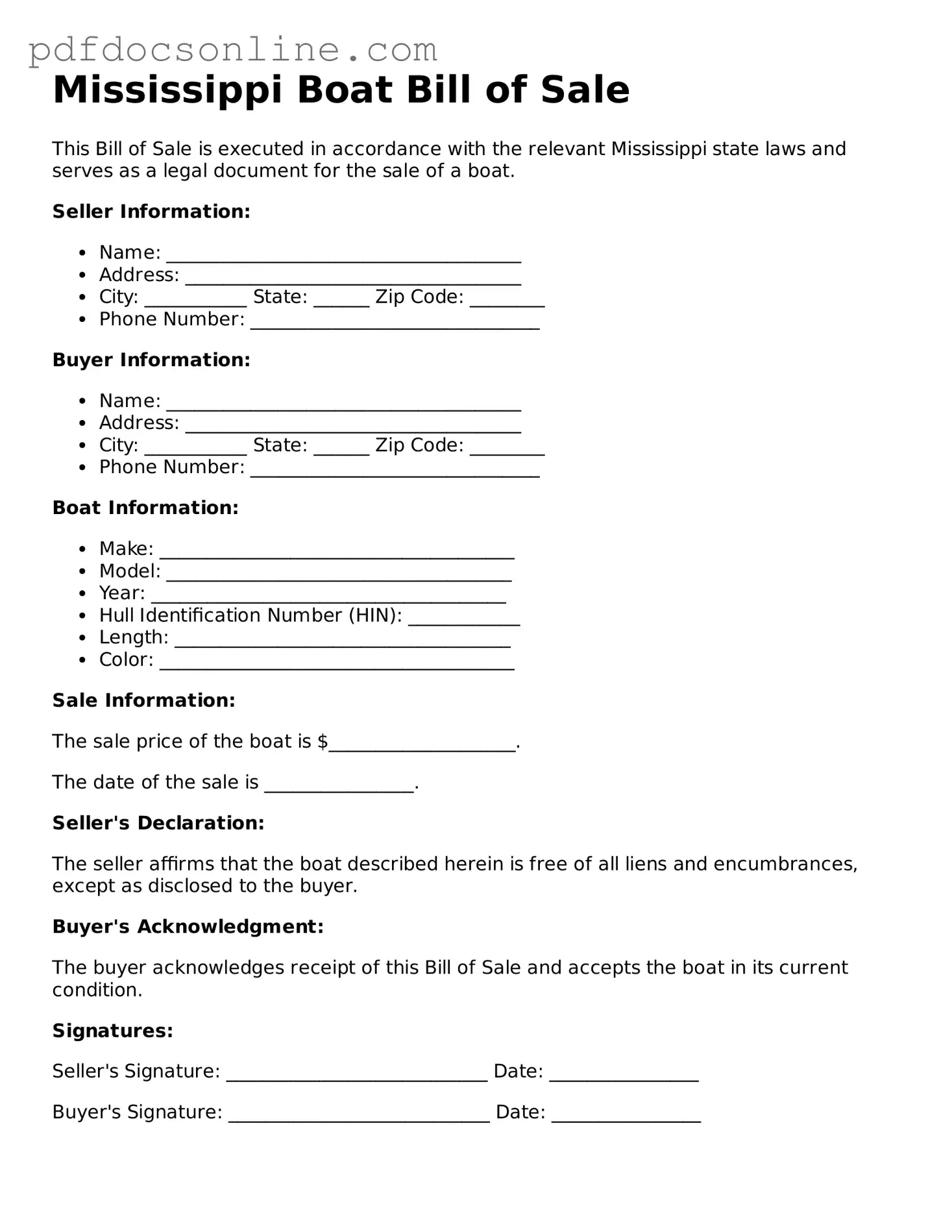 Attorney-Verified  Boat Bill of Sale Form for Mississippi