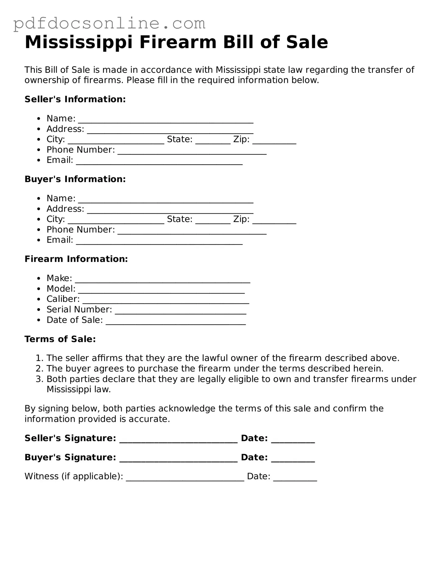 Attorney-Verified  Firearm Bill of Sale Form for Mississippi