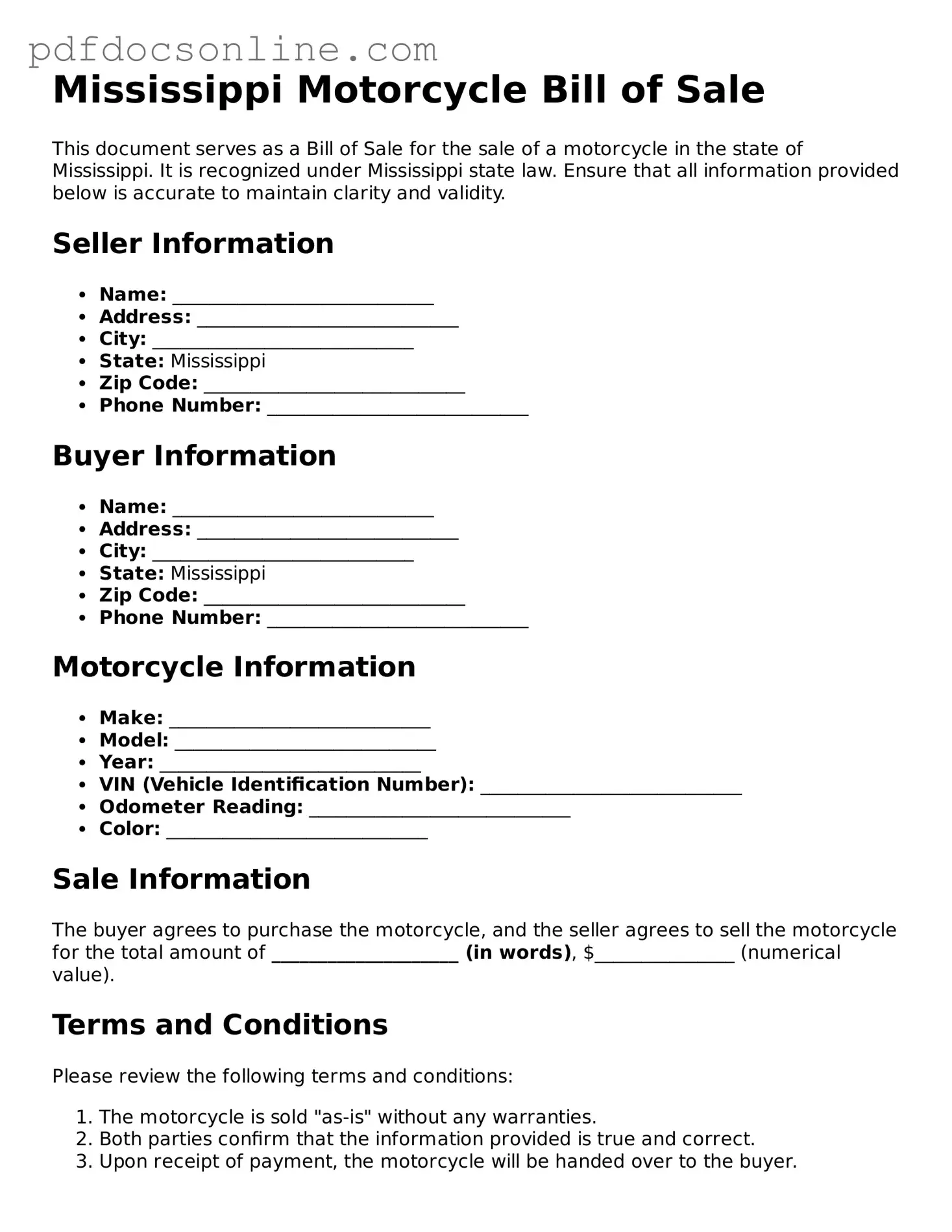 Attorney-Verified  Motorcycle Bill of Sale Form for Mississippi
