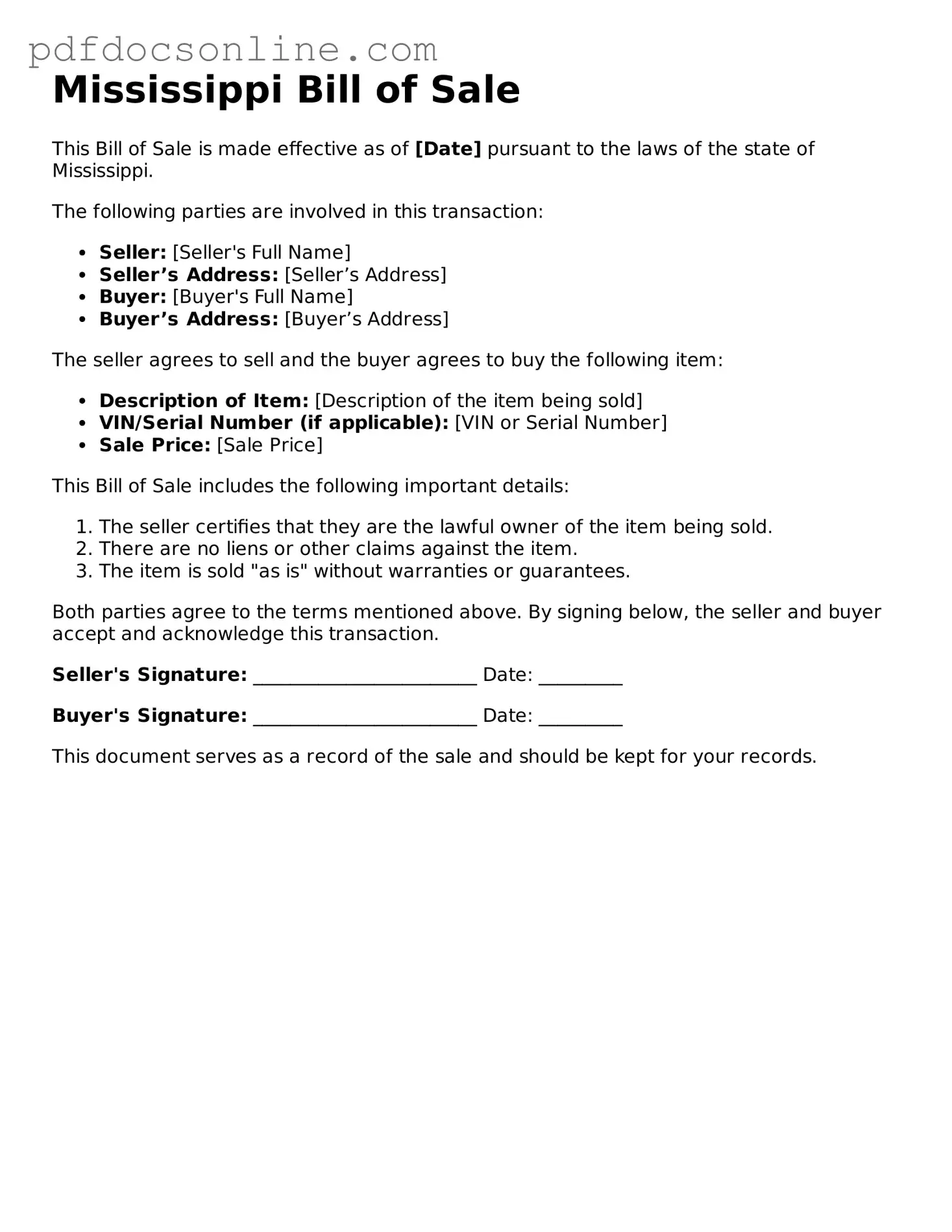Attorney-Verified  Bill of Sale Form for Mississippi