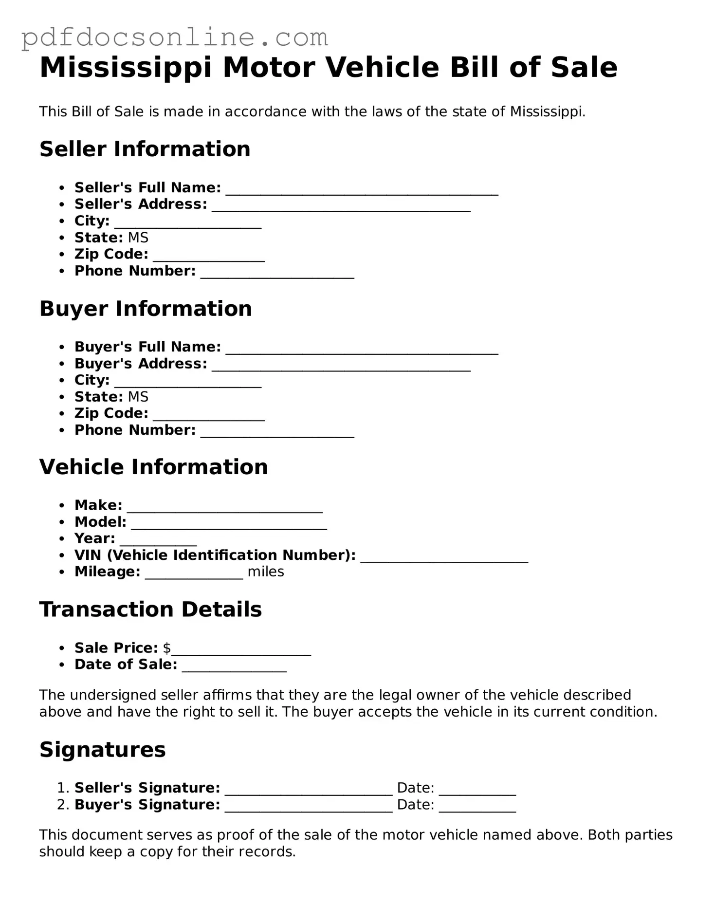 Attorney-Verified  Motor Vehicle Bill of Sale Form for Mississippi