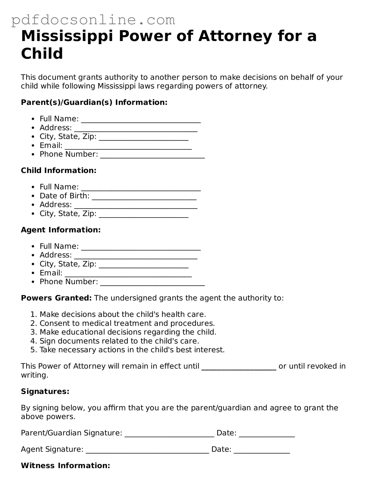 Attorney-Verified  Power of Attorney for a Child Form for Mississippi