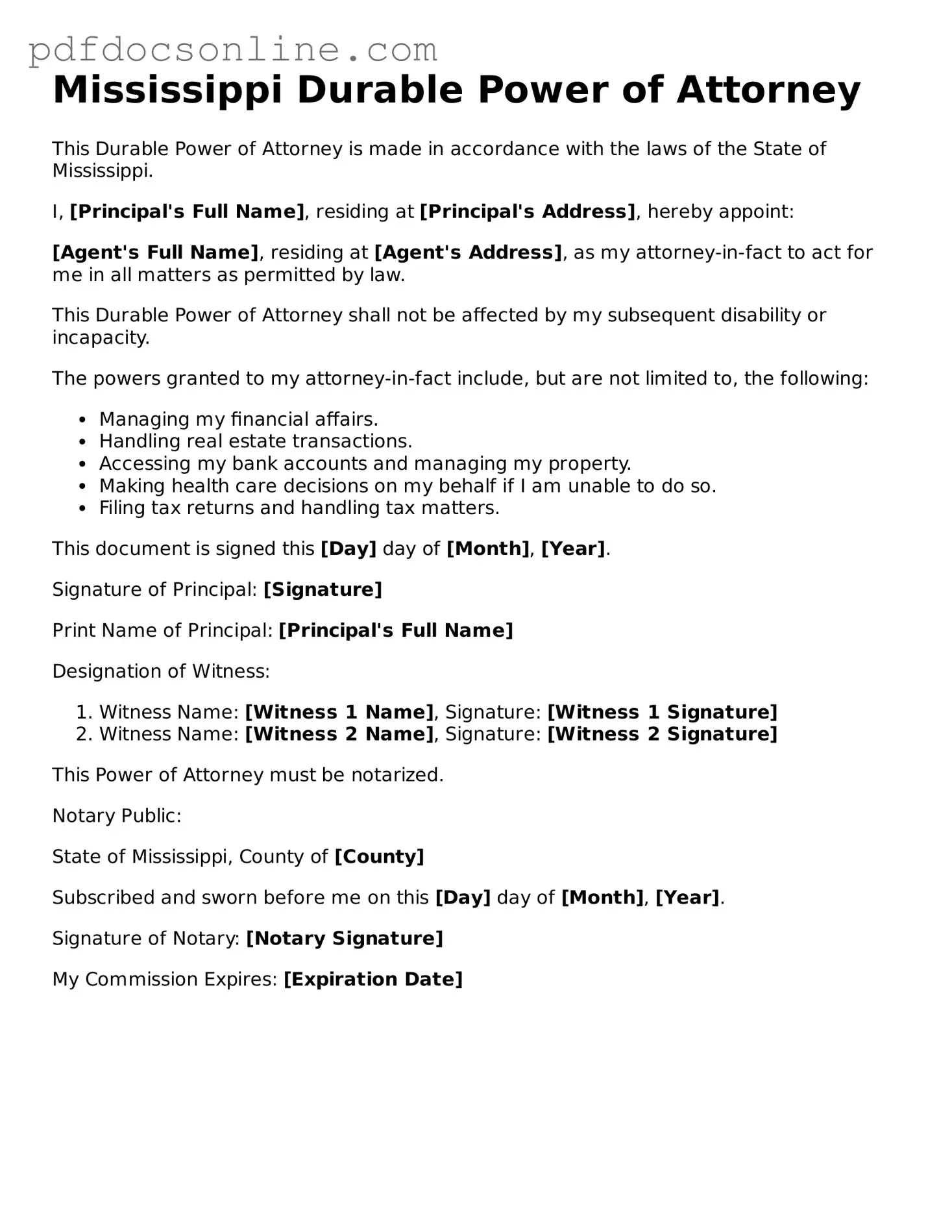 Attorney-Verified  Durable Power of Attorney Form for Mississippi