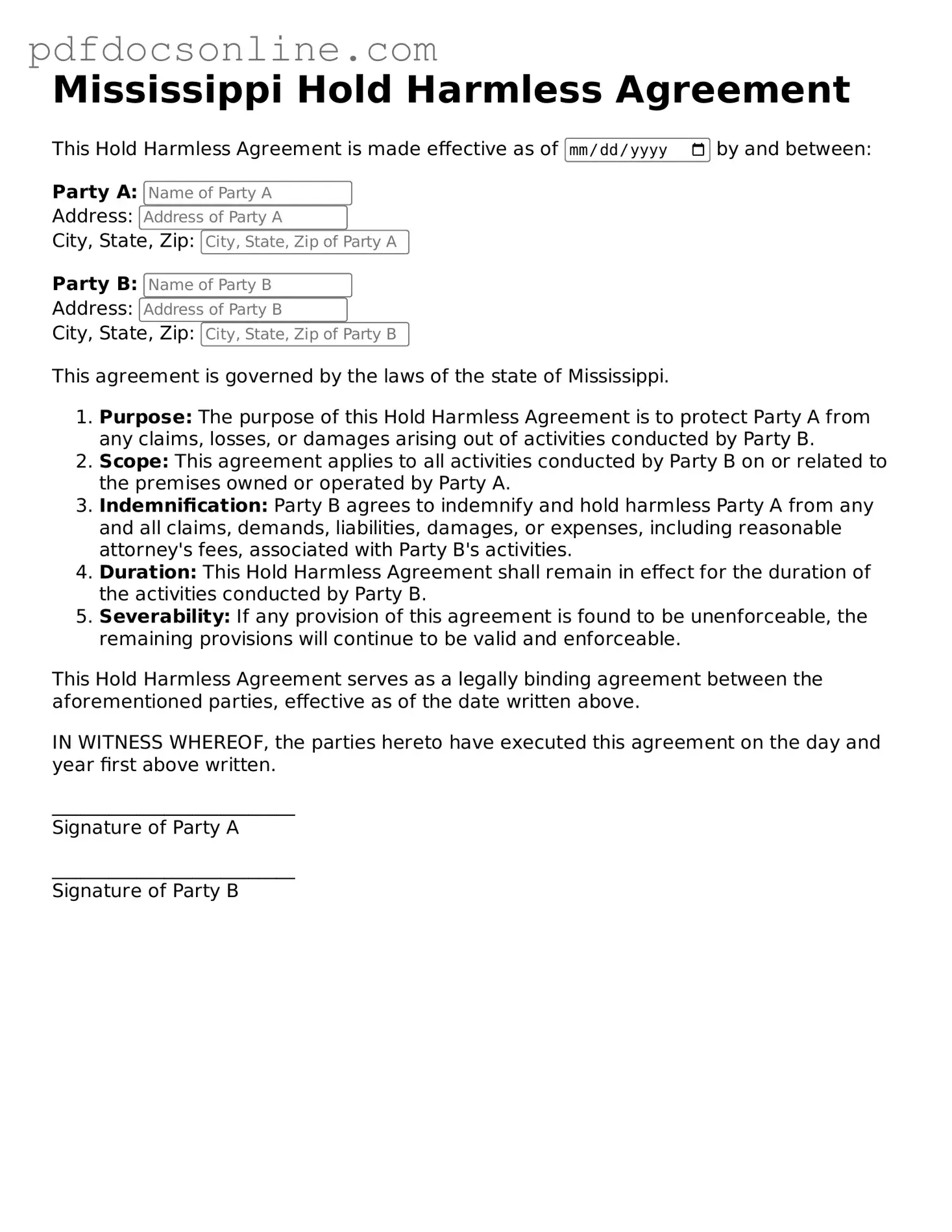 Attorney-Verified  Hold Harmless Agreement Form for Mississippi