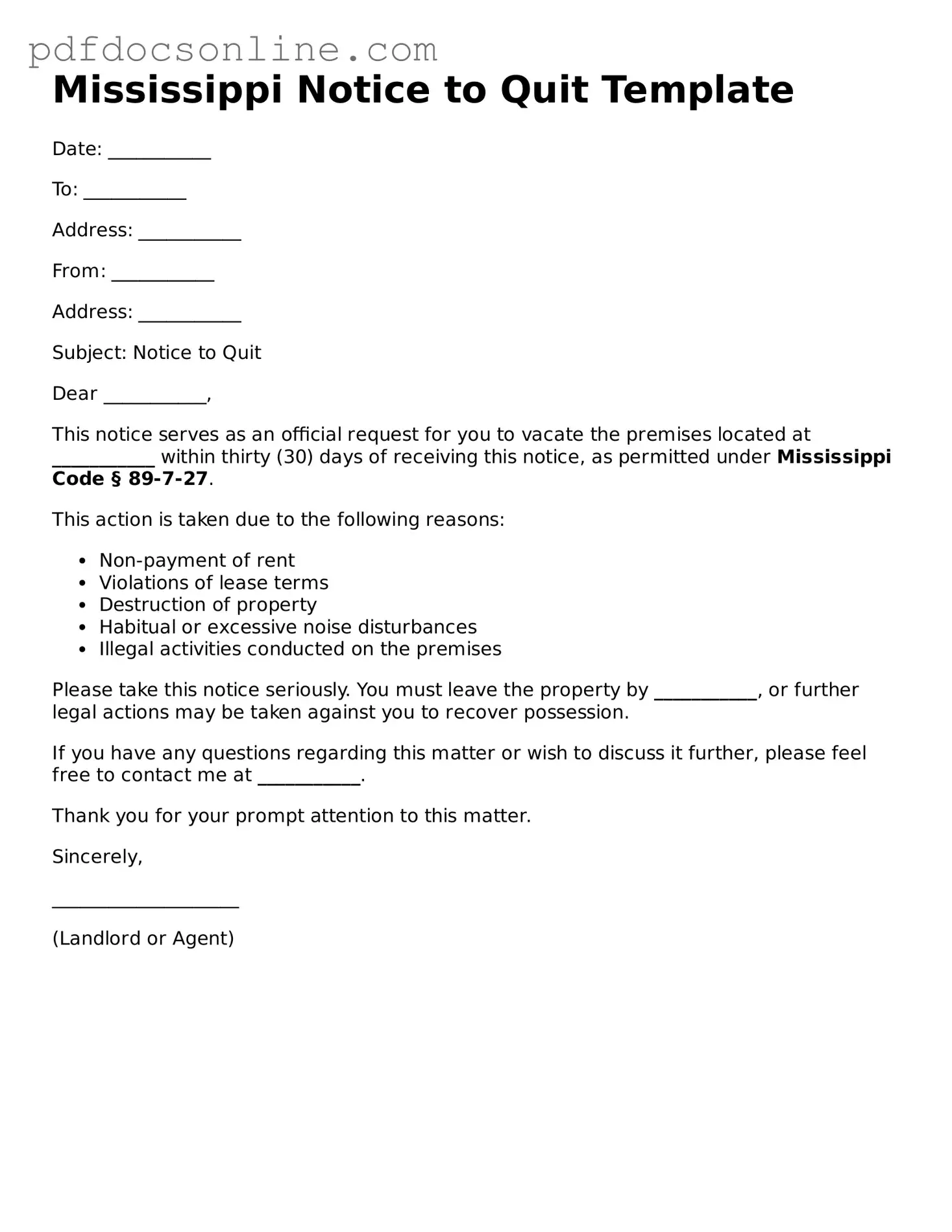 Attorney-Verified  Notice to Quit Form for Mississippi