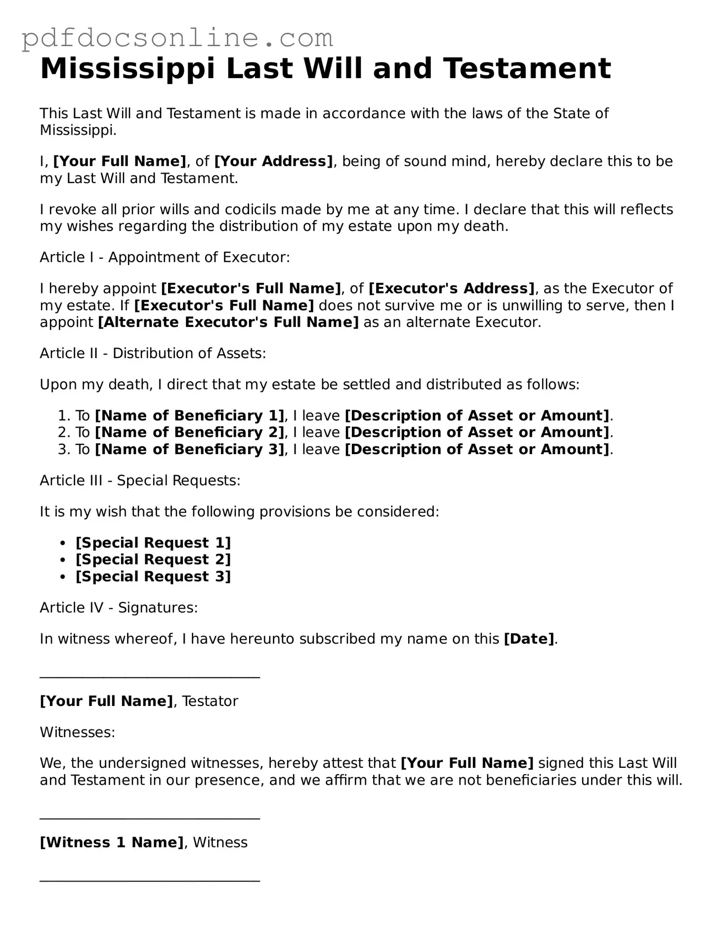 Attorney-Verified  Last Will and Testament Form for Mississippi
