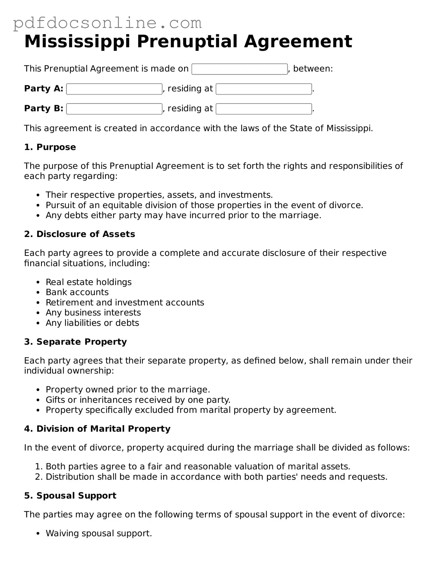Attorney-Verified  Prenuptial Agreement Form for Mississippi