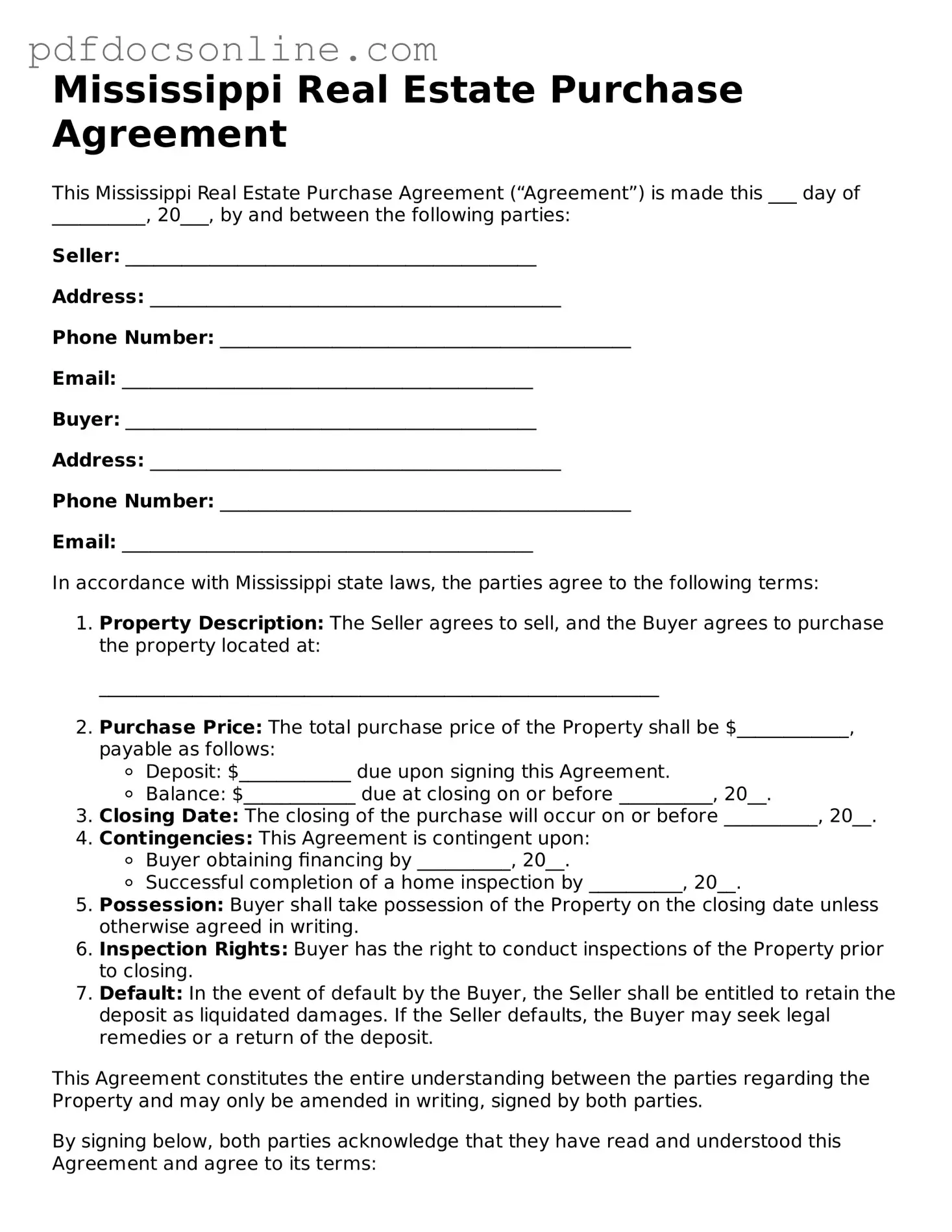 Attorney-Verified  Real Estate Purchase Agreement Form for Mississippi