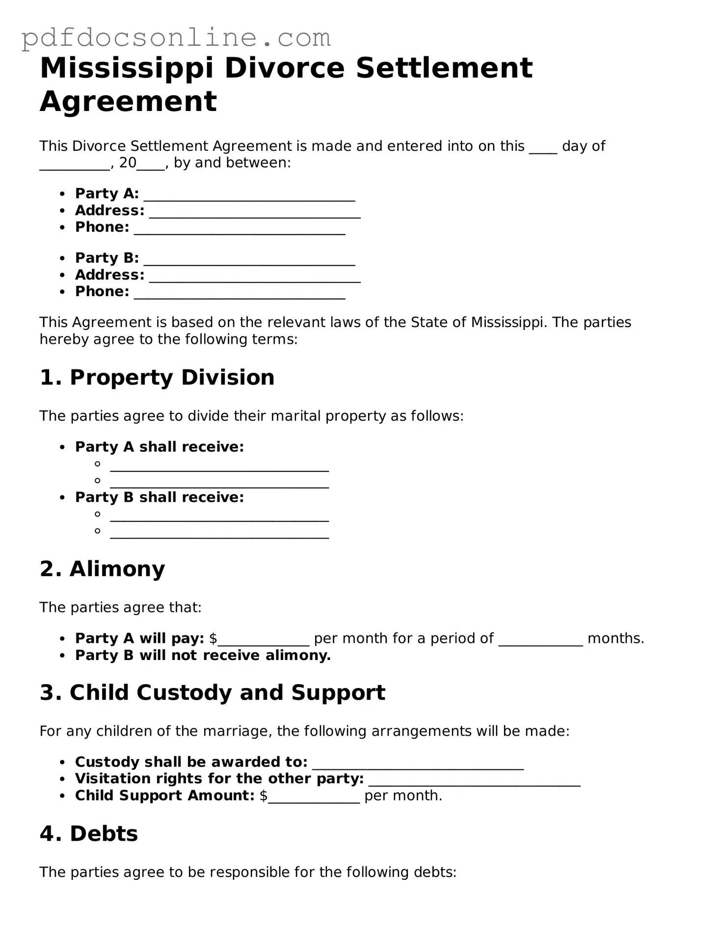 Attorney-Verified  Divorce Settlement Agreement Form for Mississippi