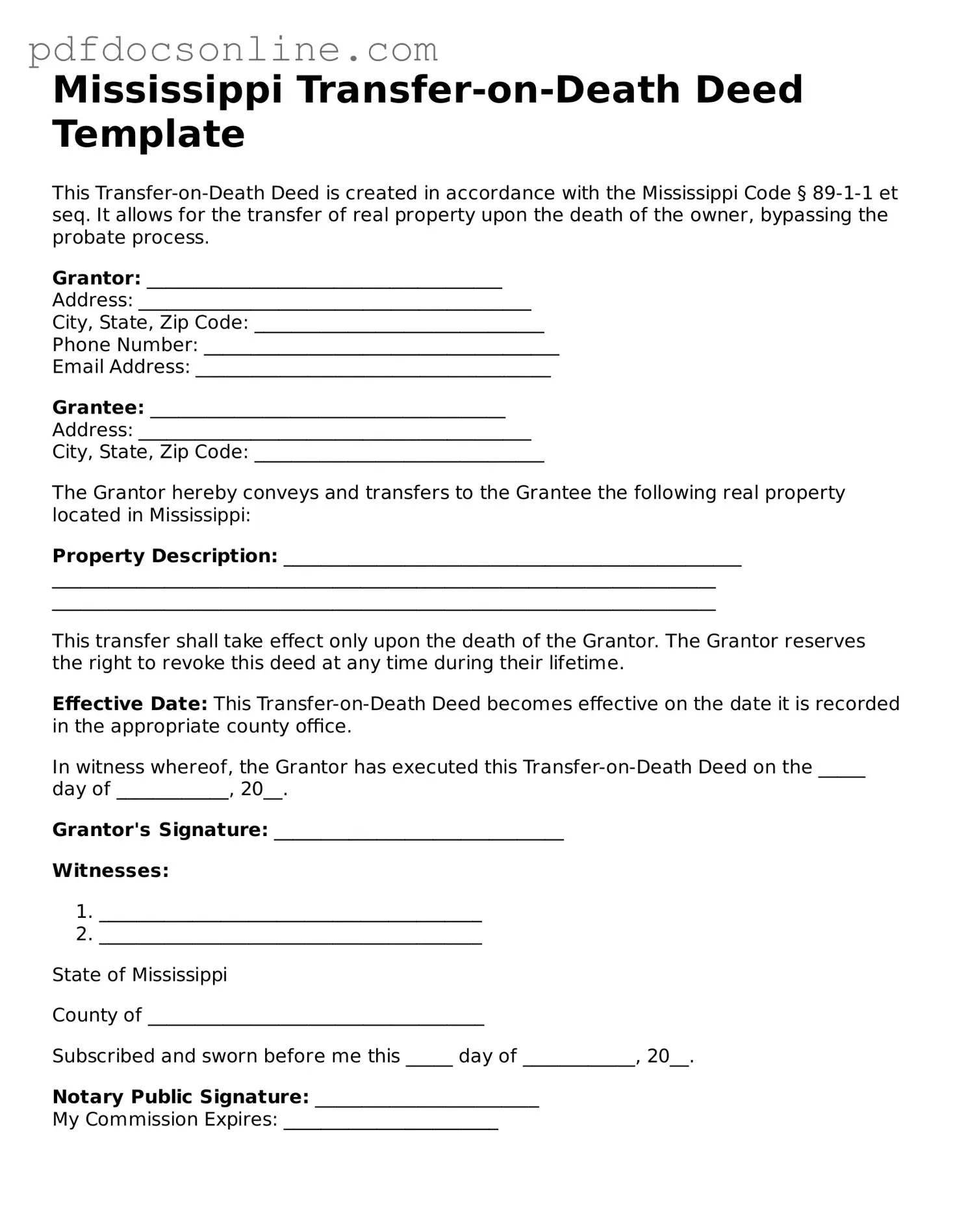 Attorney-Verified  Transfer-on-Death Deed Form for Mississippi