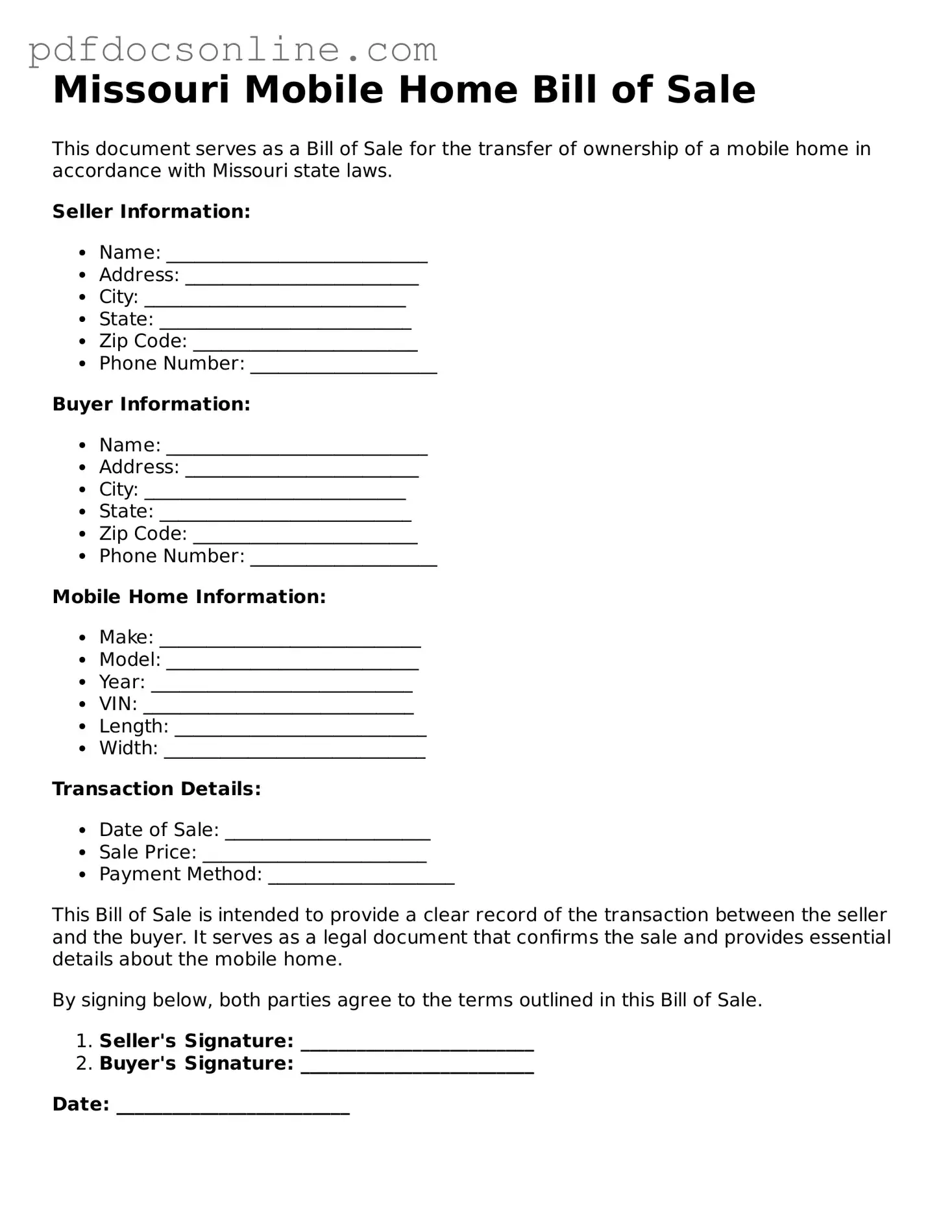 Attorney-Verified  Mobile Home Bill of Sale Form for Missouri