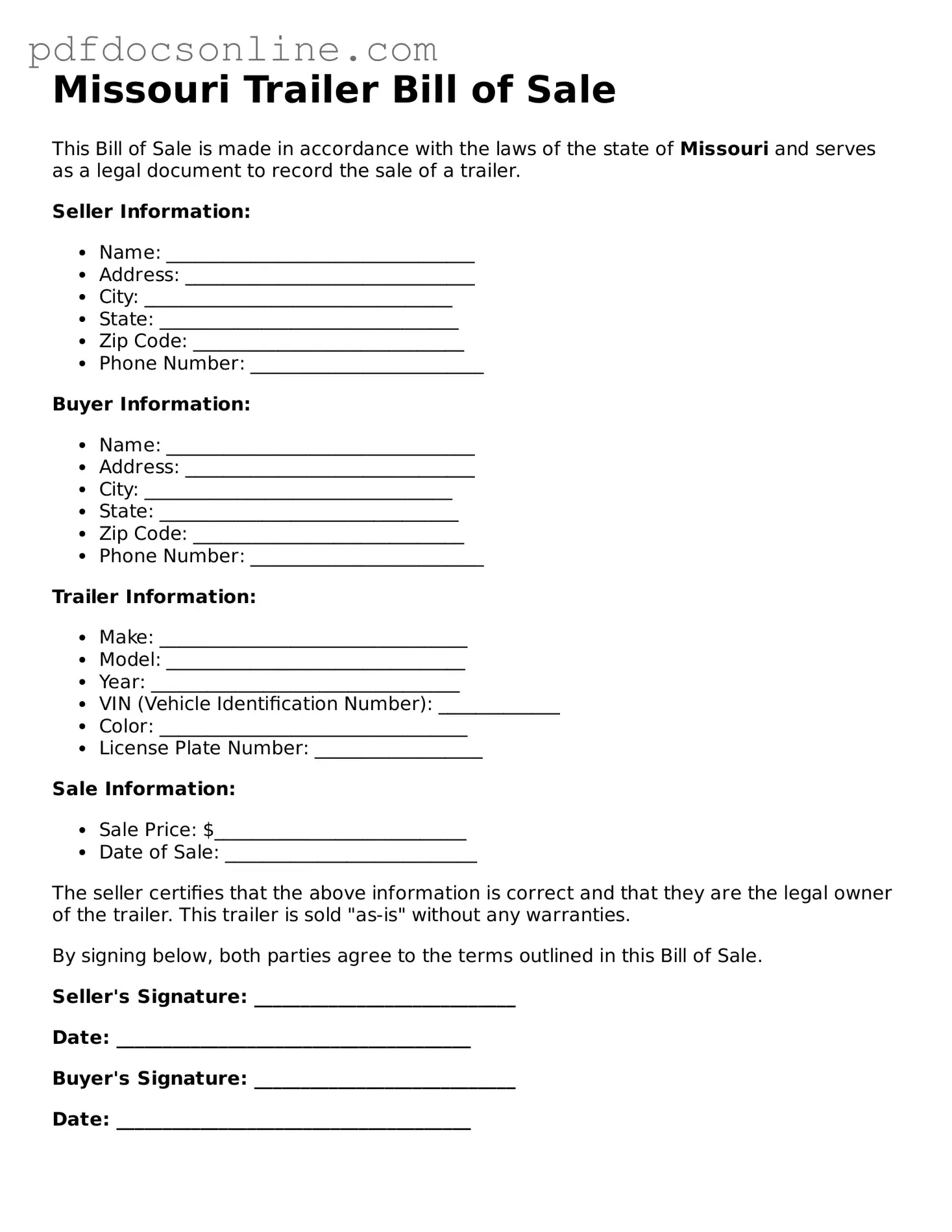 Attorney-Verified  Trailer Bill of Sale Form for Missouri