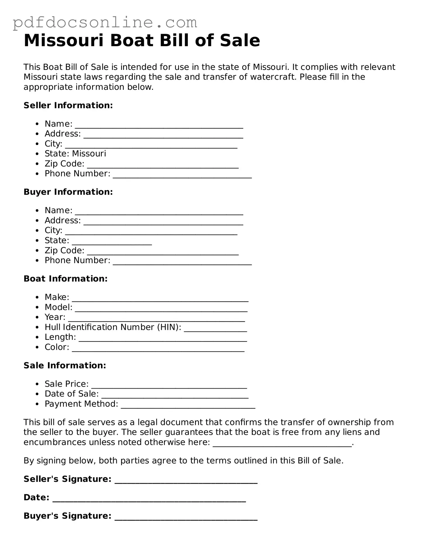 Attorney-Verified  Boat Bill of Sale Form for Missouri