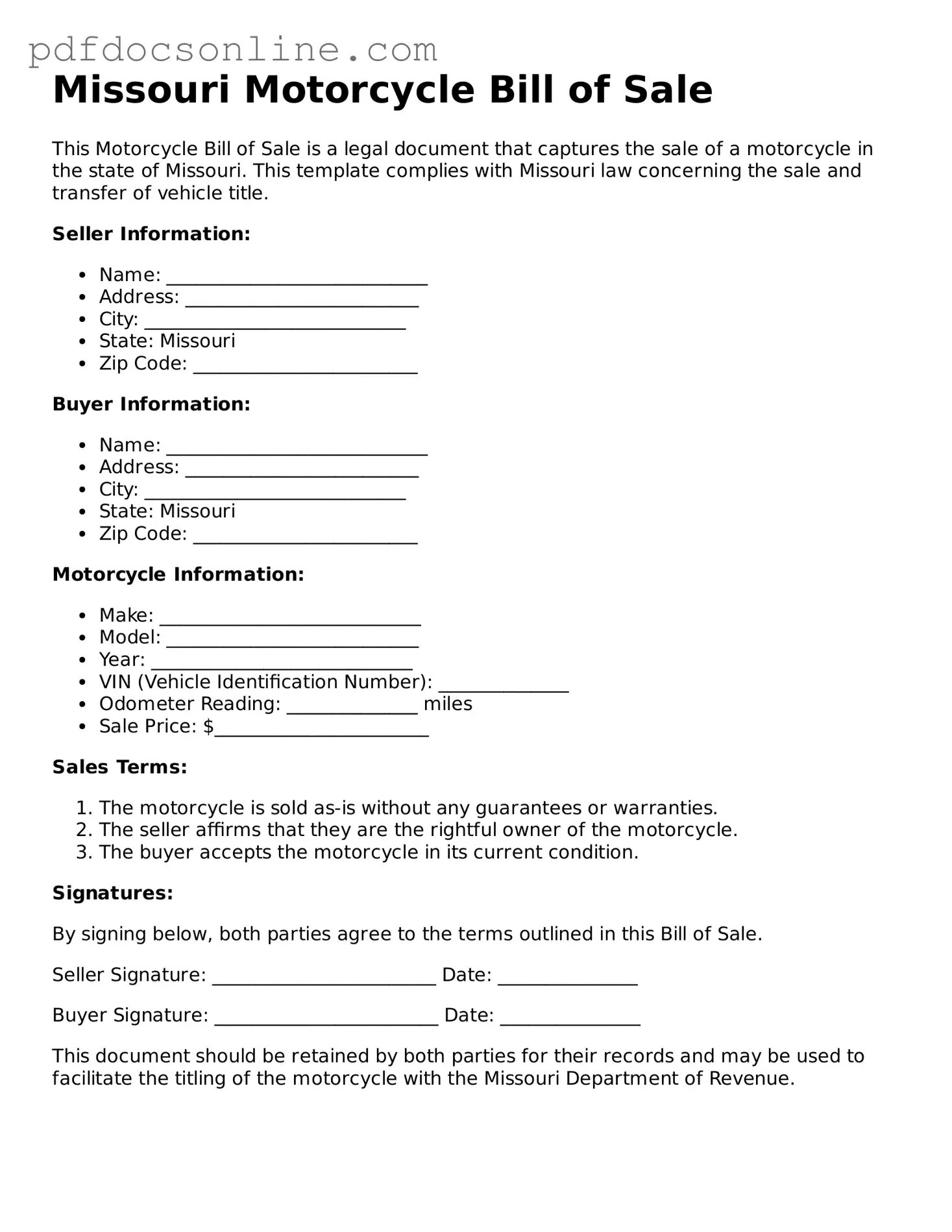 Attorney-Verified  Motorcycle Bill of Sale Form for Missouri