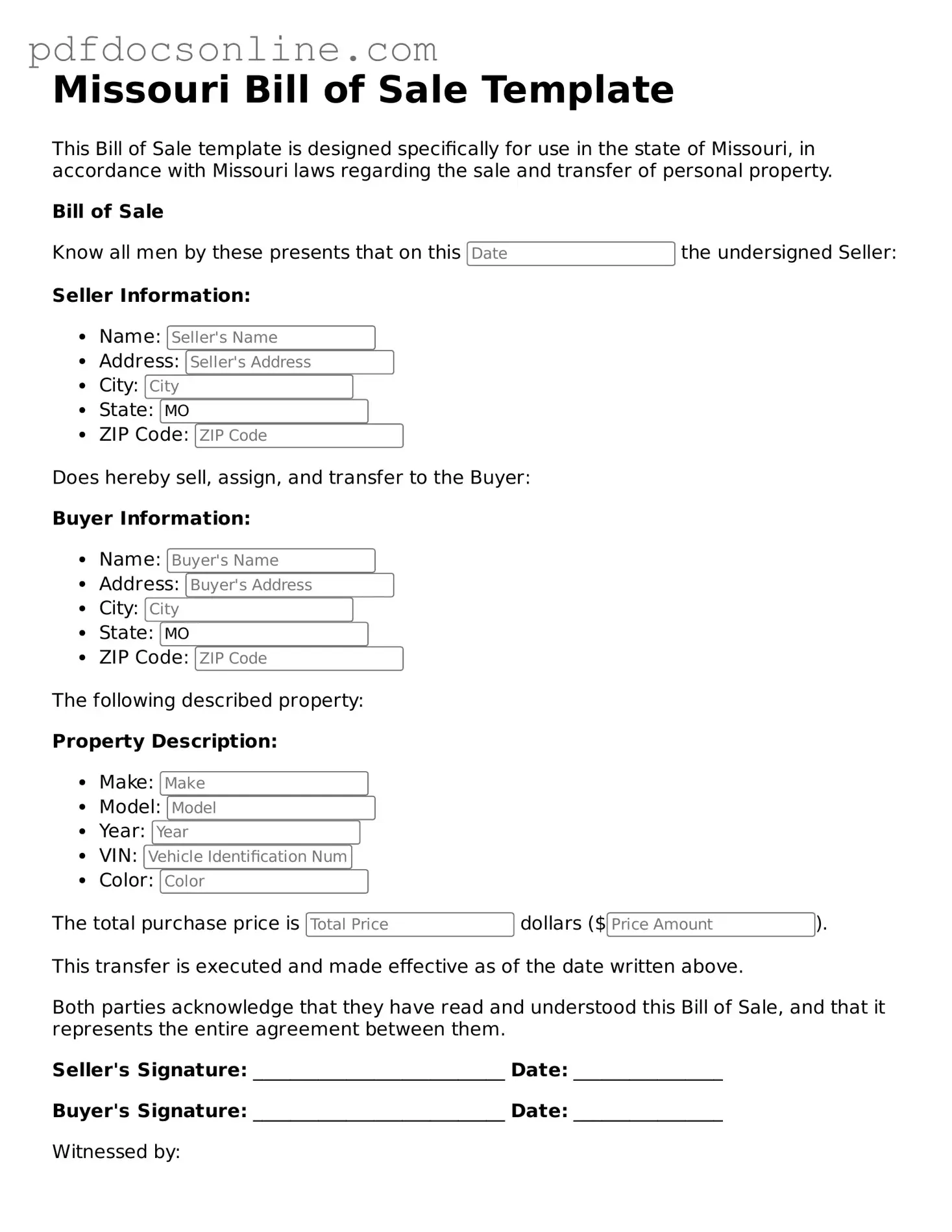 Attorney-Verified  Bill of Sale Form for Missouri