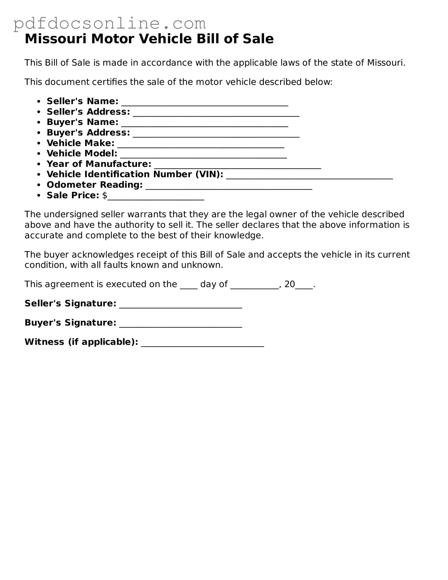 Attorney-Verified  Motor Vehicle Bill of Sale Form for Missouri
