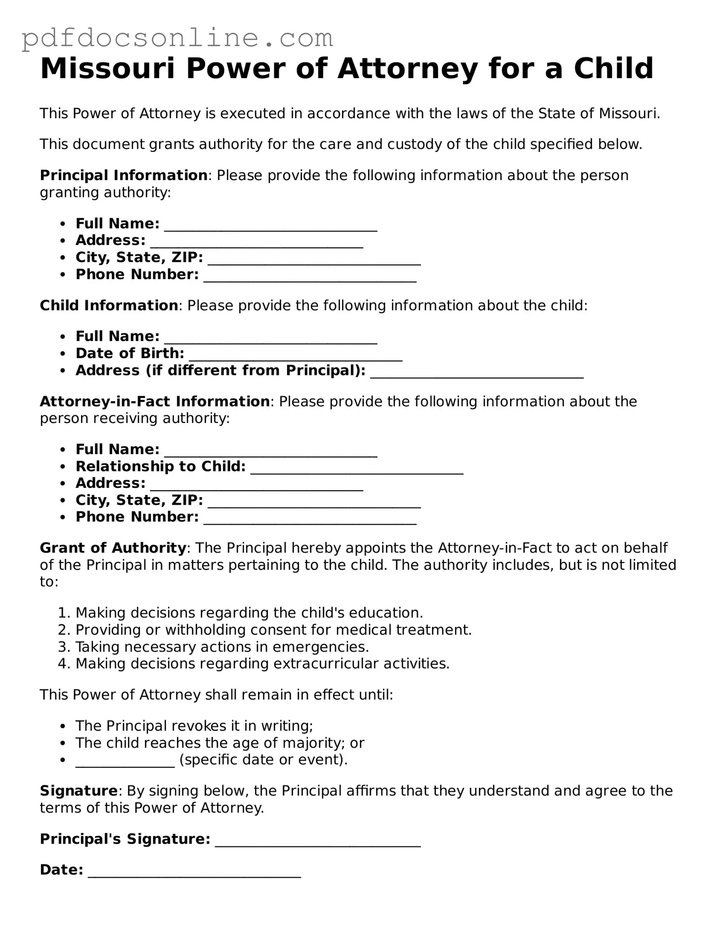 Attorney-Verified  Power of Attorney for a Child Form for Missouri