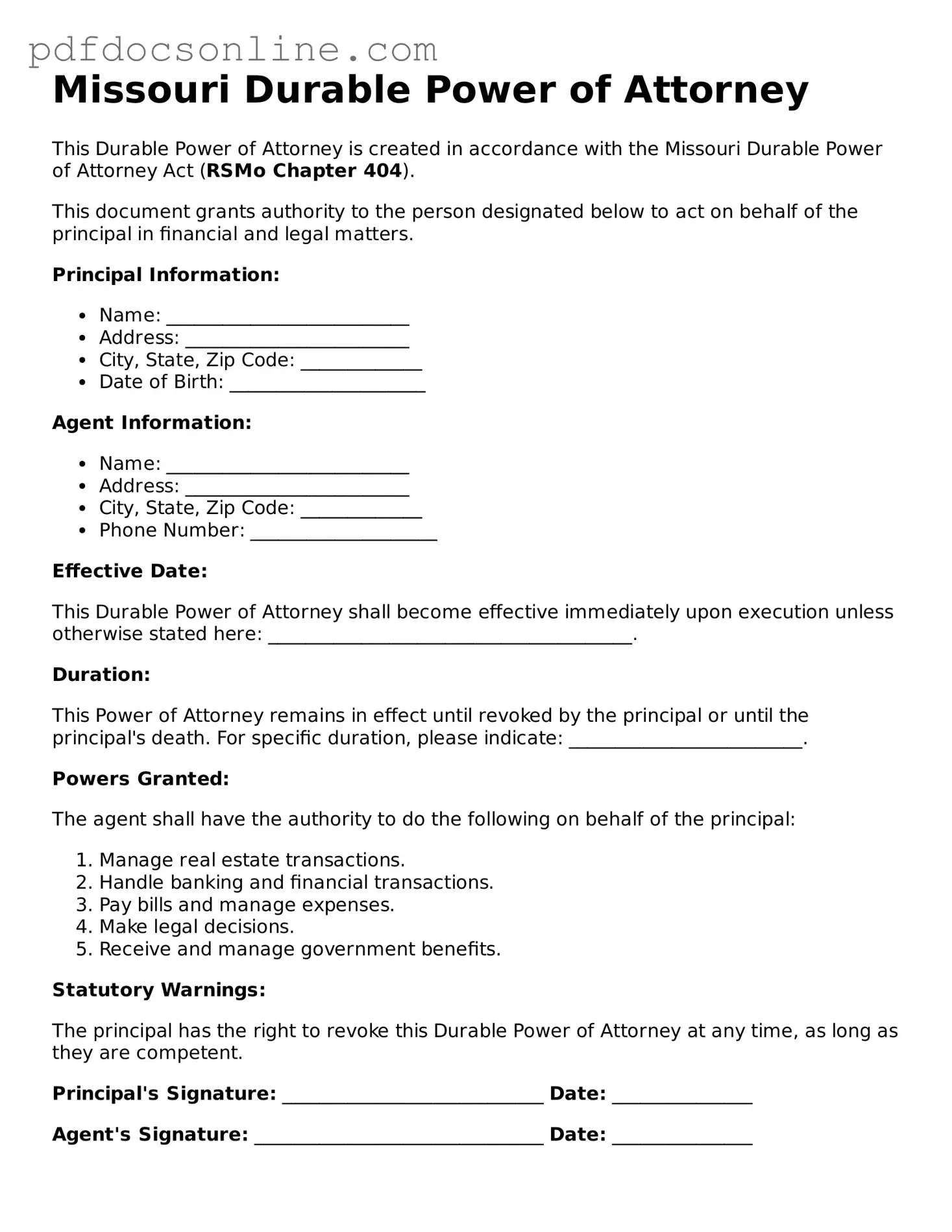 Attorney-Verified  Durable Power of Attorney Form for Missouri