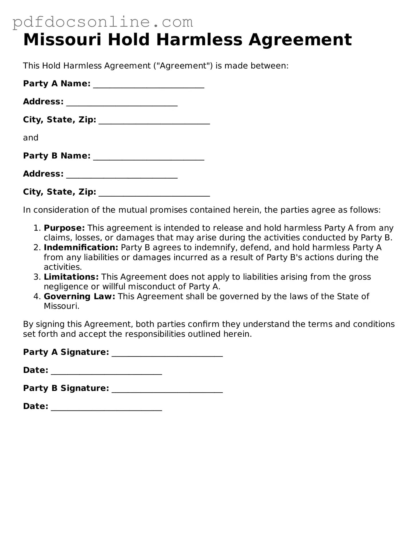 Attorney-Verified  Hold Harmless Agreement Form for Missouri
