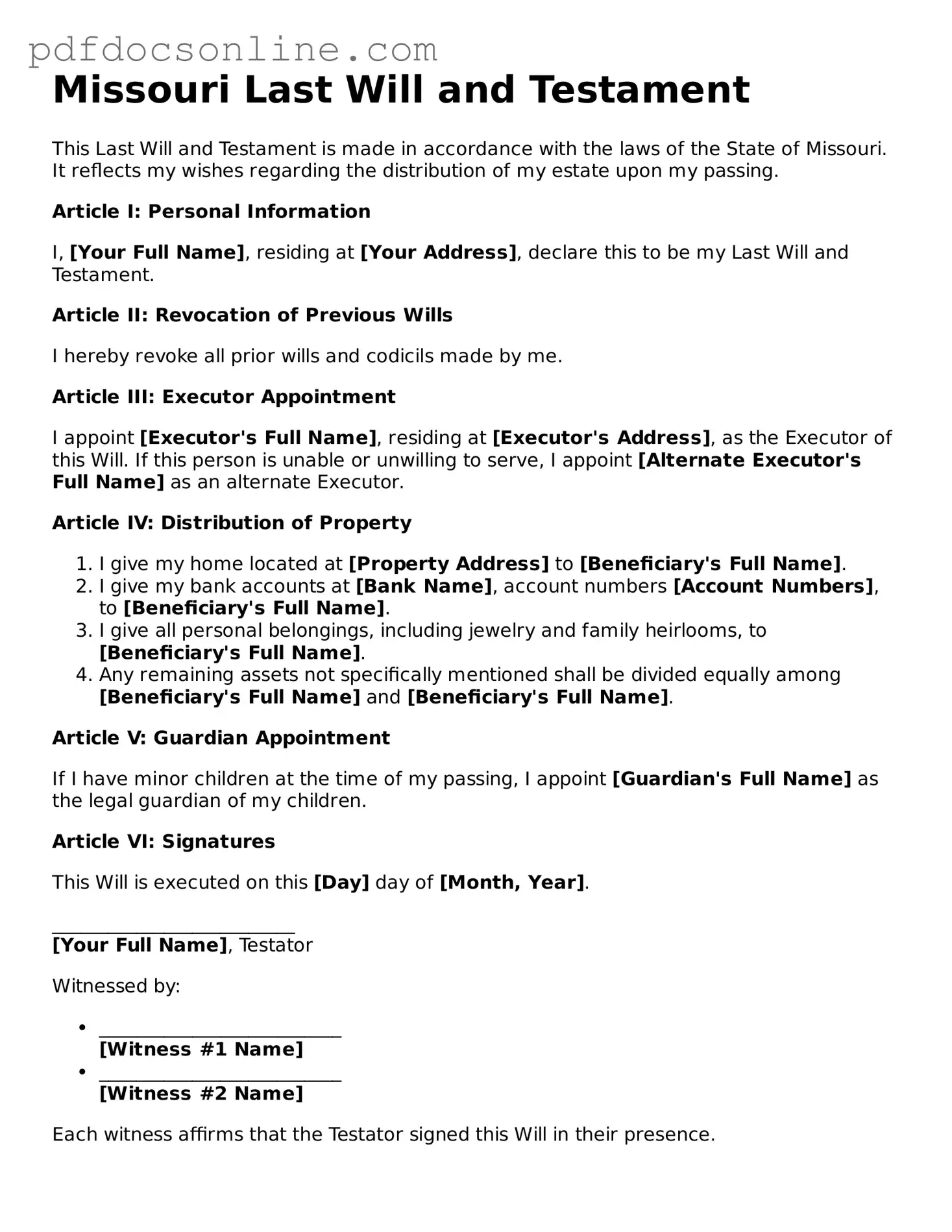 Attorney-Verified  Last Will and Testament Form for Missouri