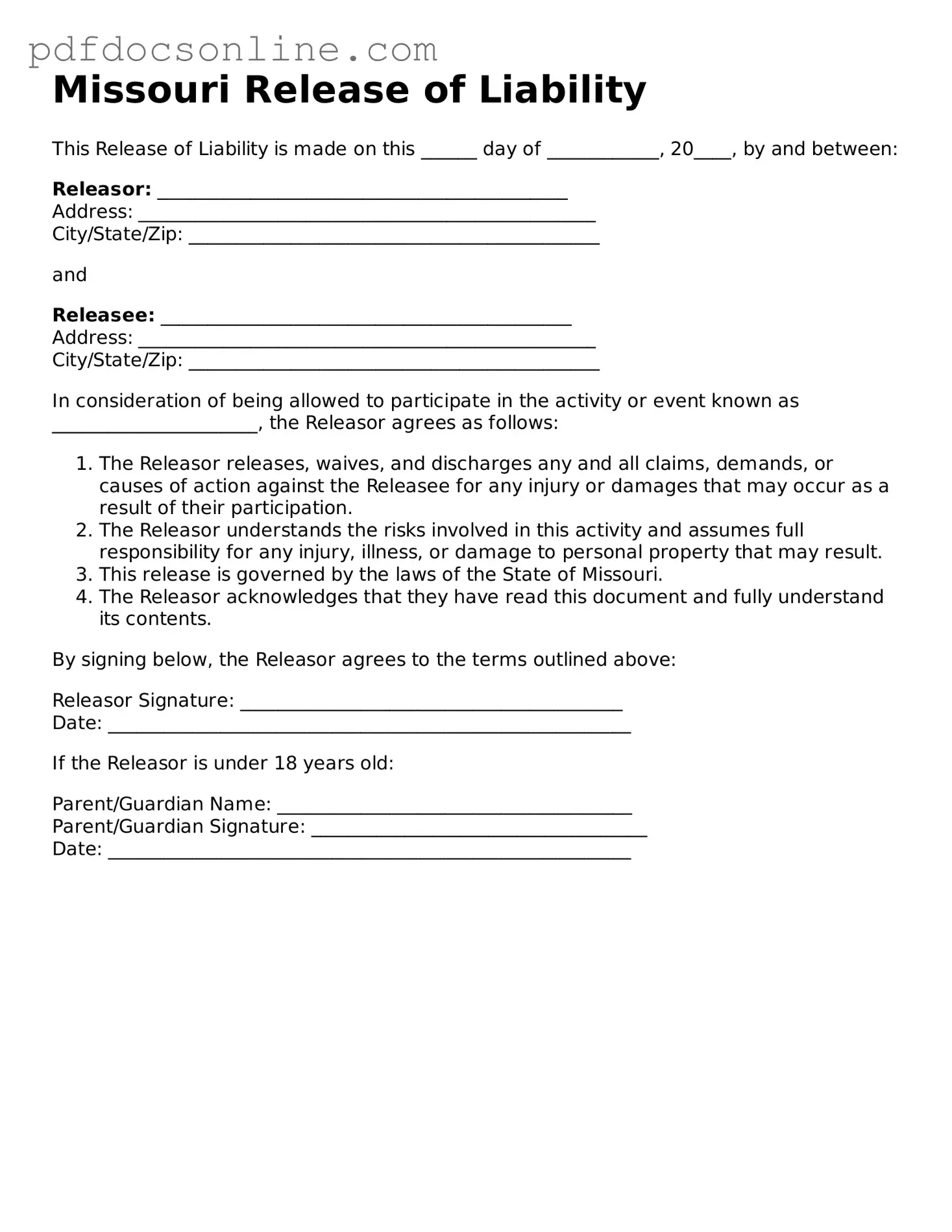 Attorney-Verified  Release of Liability Form for Missouri