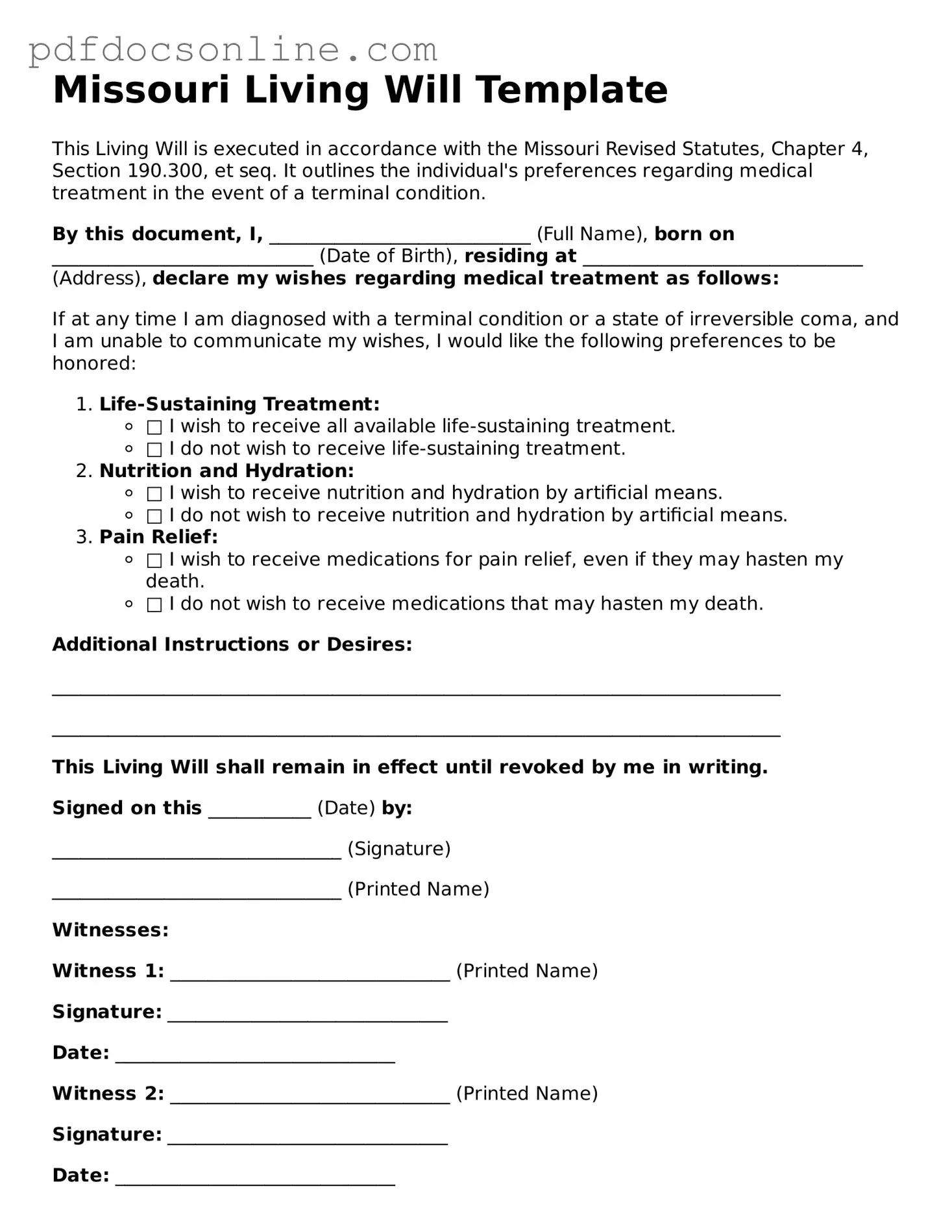 Attorney-Verified  Living Will Form for Missouri