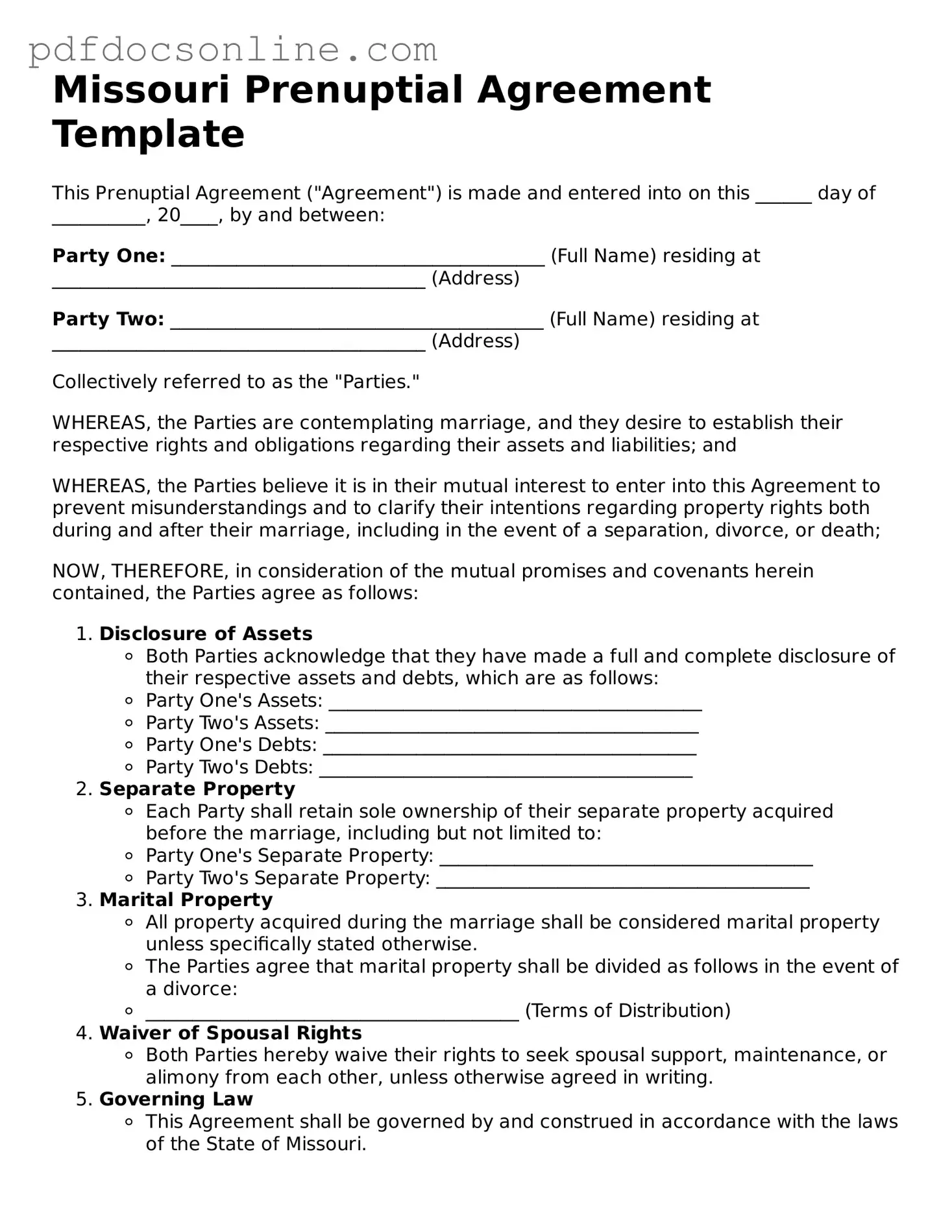 Attorney-Verified  Prenuptial Agreement Form for Missouri