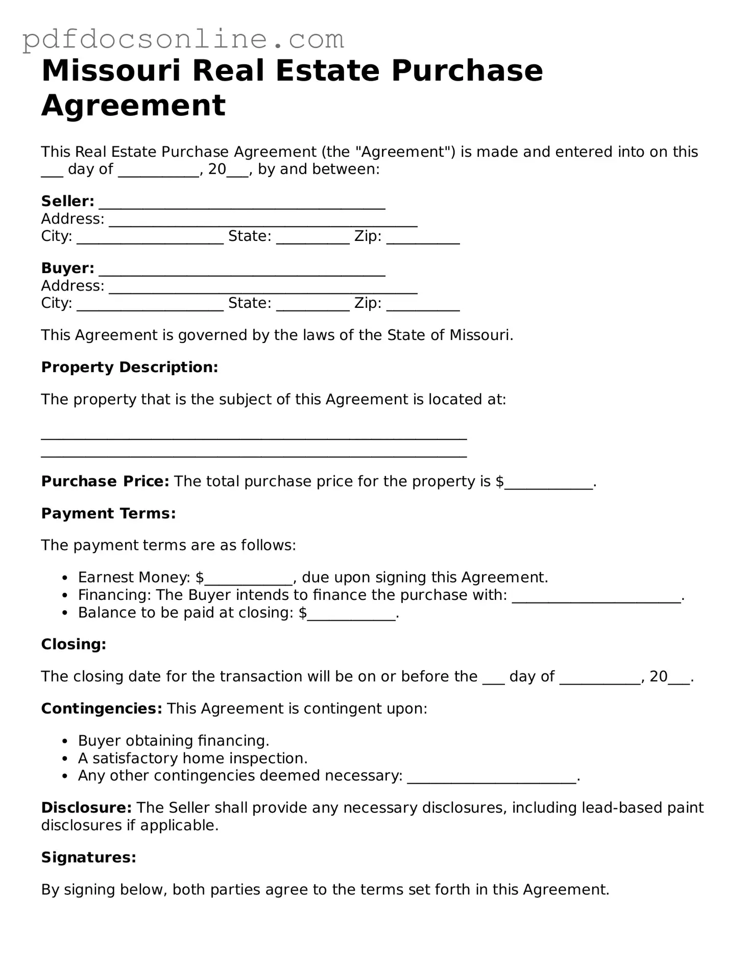 Attorney-Verified  Real Estate Purchase Agreement Form for Missouri