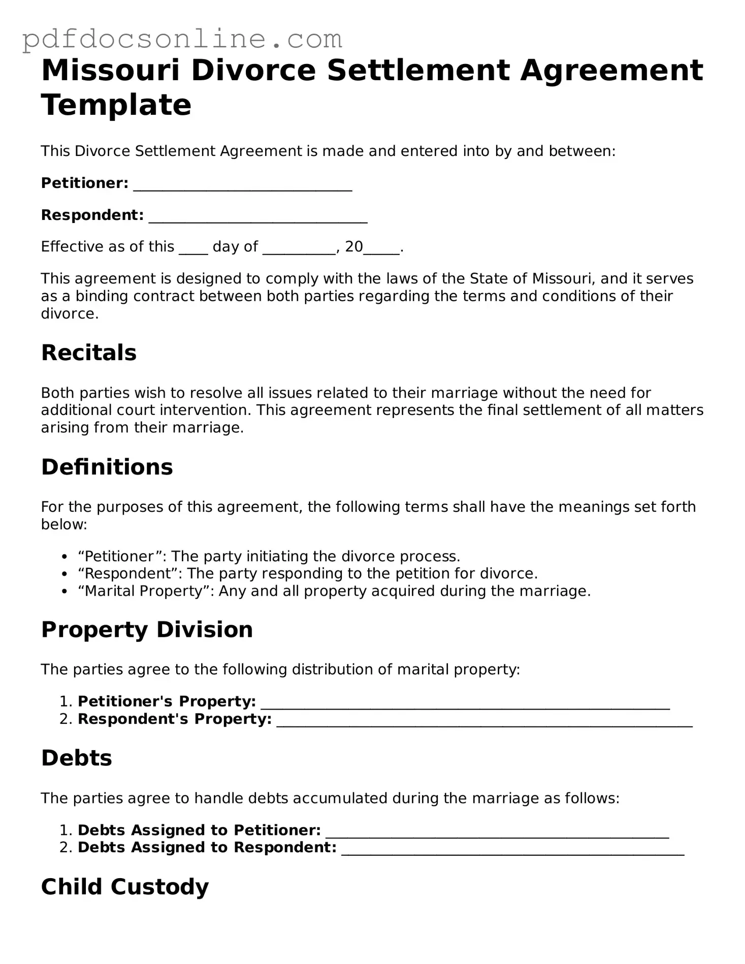 Attorney-Verified  Divorce Settlement Agreement Form for Missouri