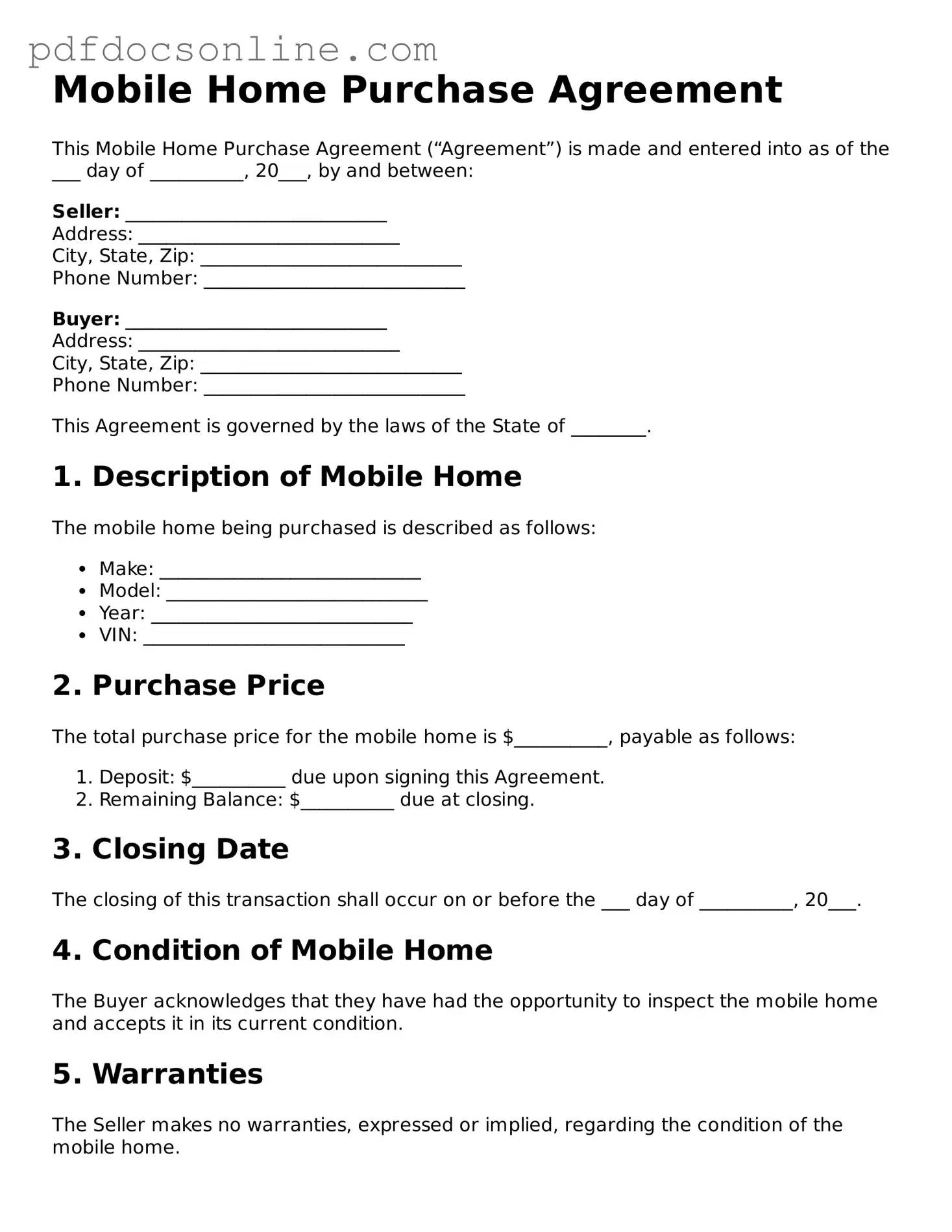Free Mobile Home Purchase Agreement Template
