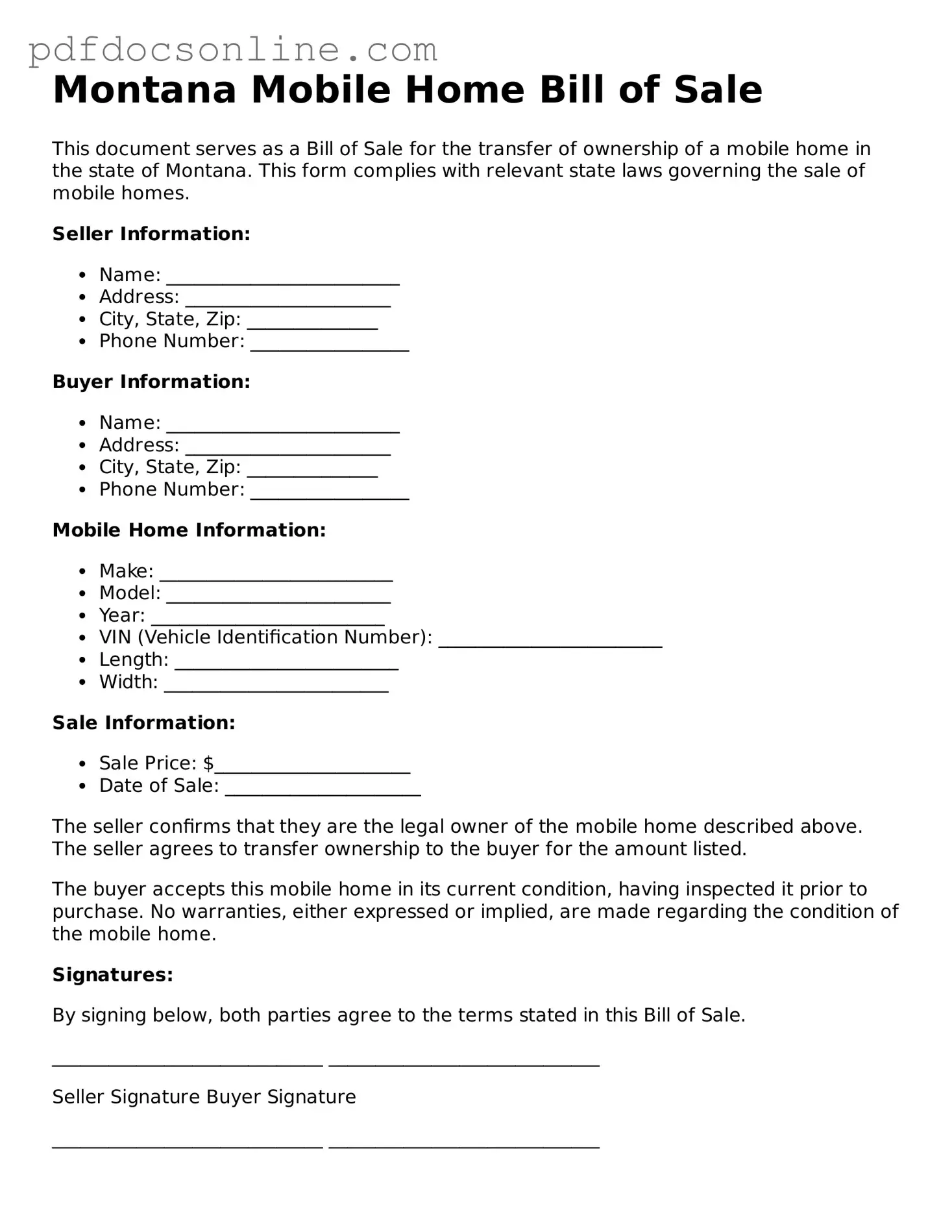 Attorney-Verified  Mobile Home Bill of Sale Form for Montana