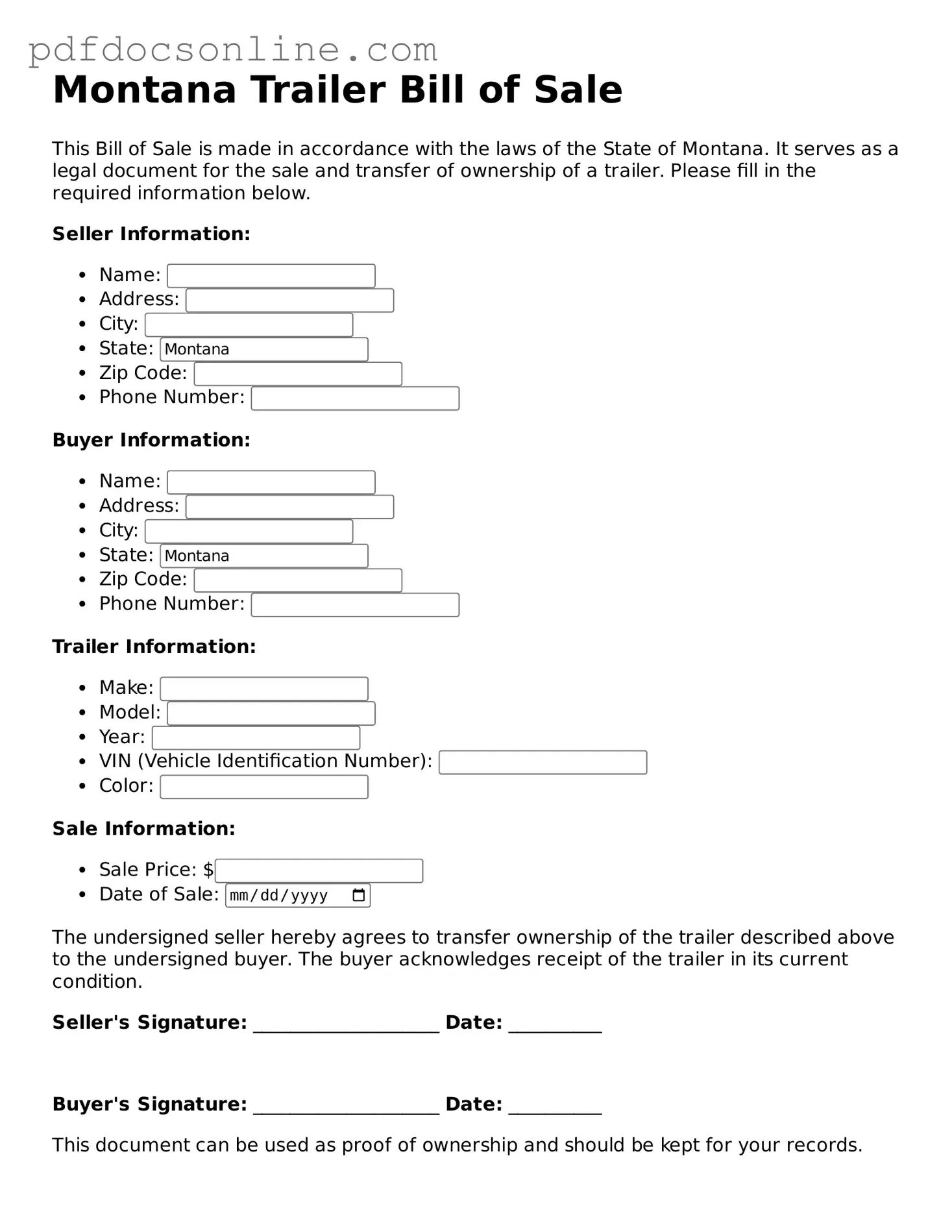 Attorney-Verified  Trailer Bill of Sale Form for Montana