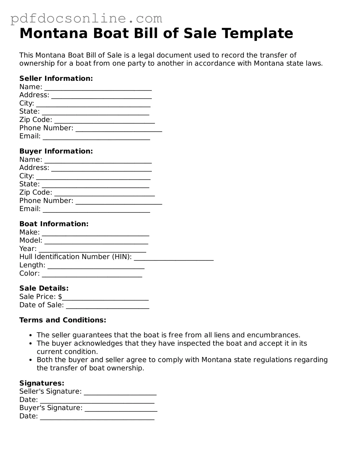 Attorney-Verified  Boat Bill of Sale Form for Montana