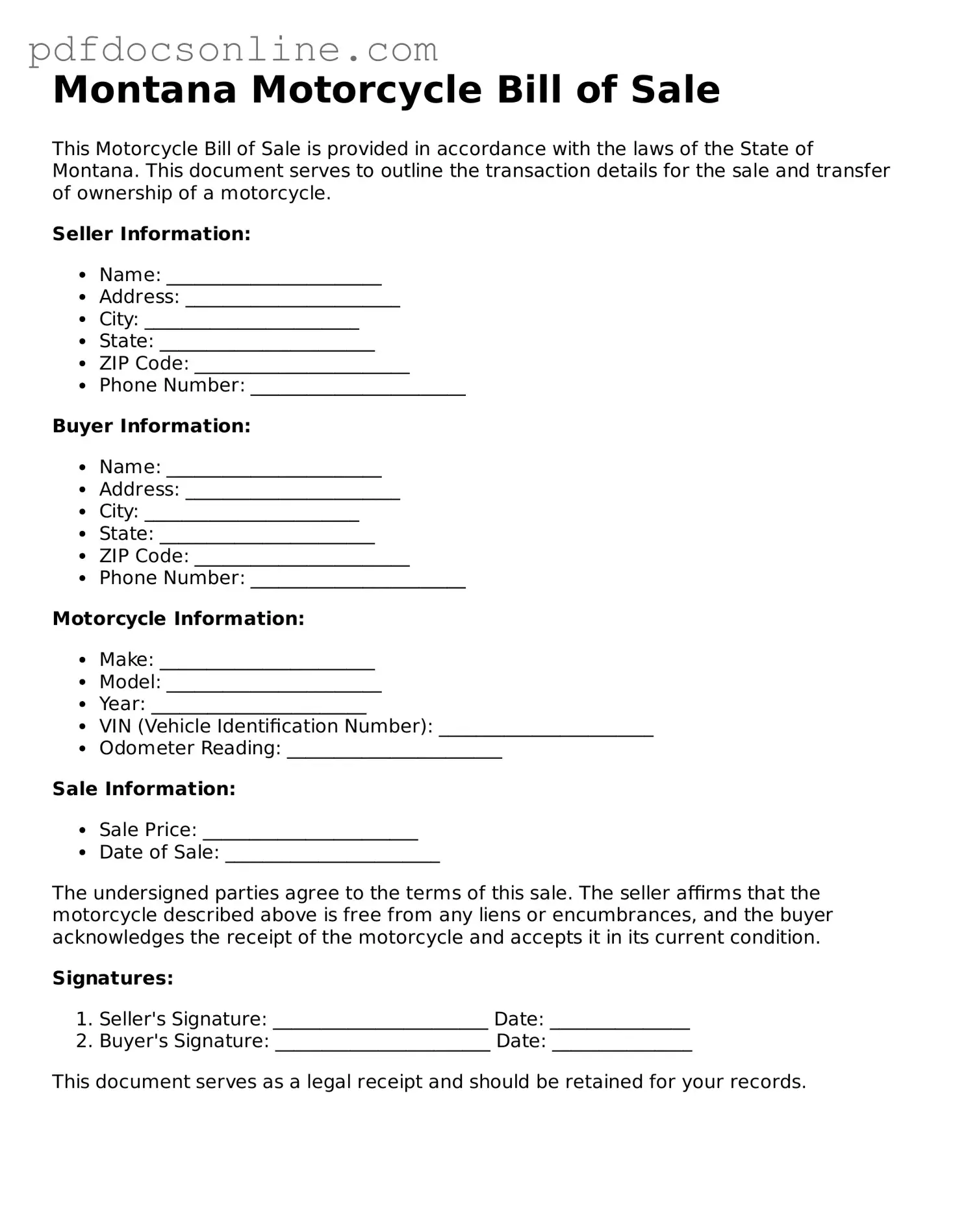 Attorney-Verified  Motorcycle Bill of Sale Form for Montana