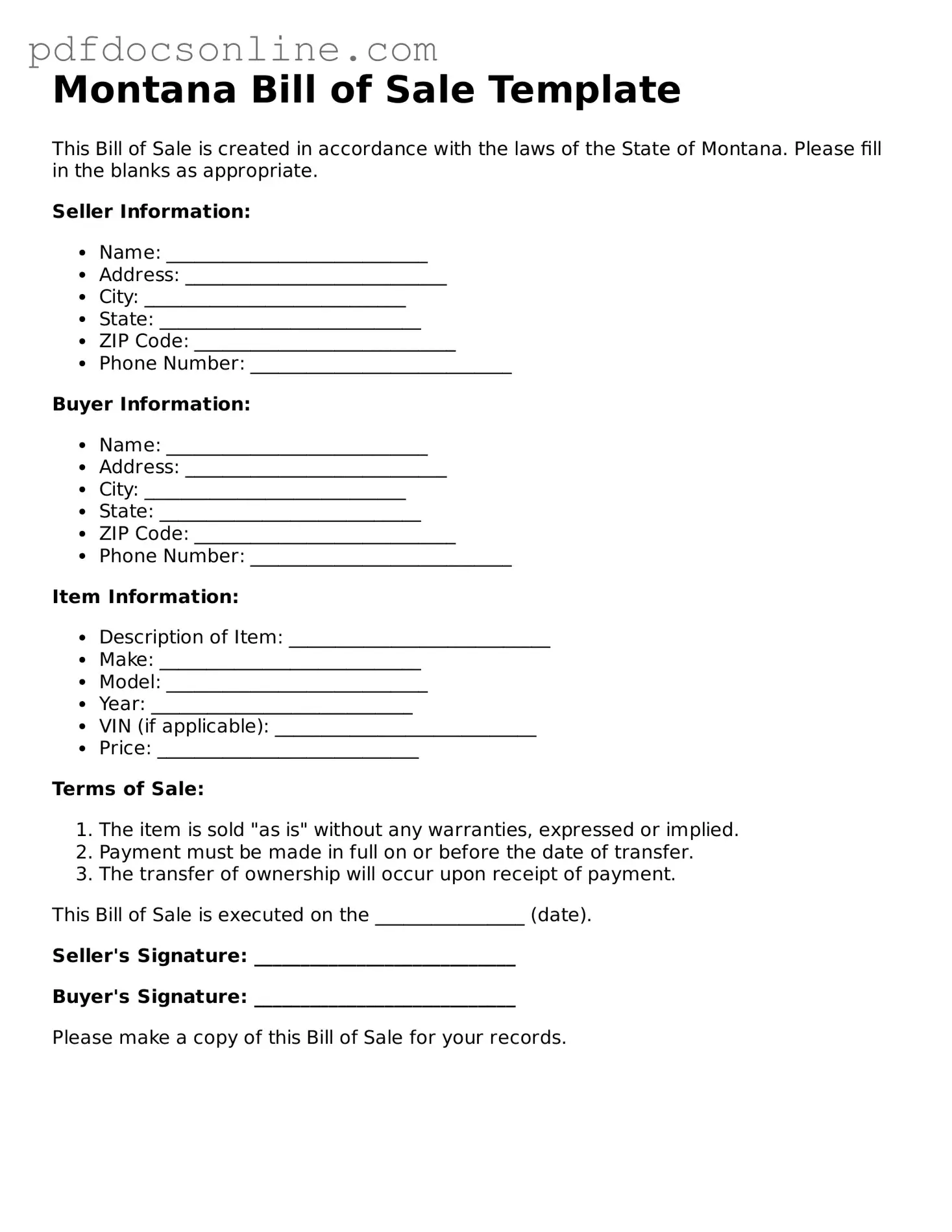 Attorney-Verified  Bill of Sale Form for Montana