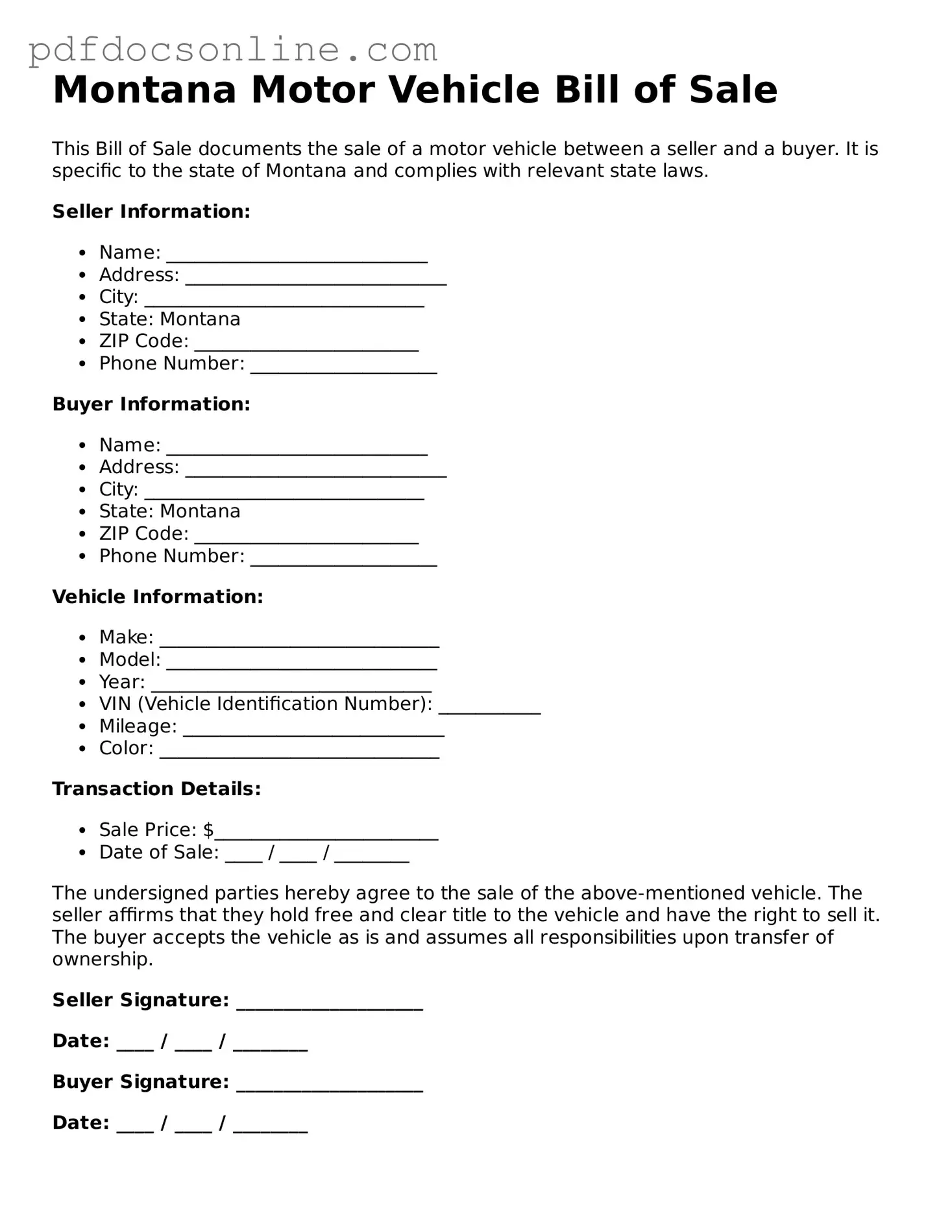 Attorney-Verified  Motor Vehicle Bill of Sale Form for Montana