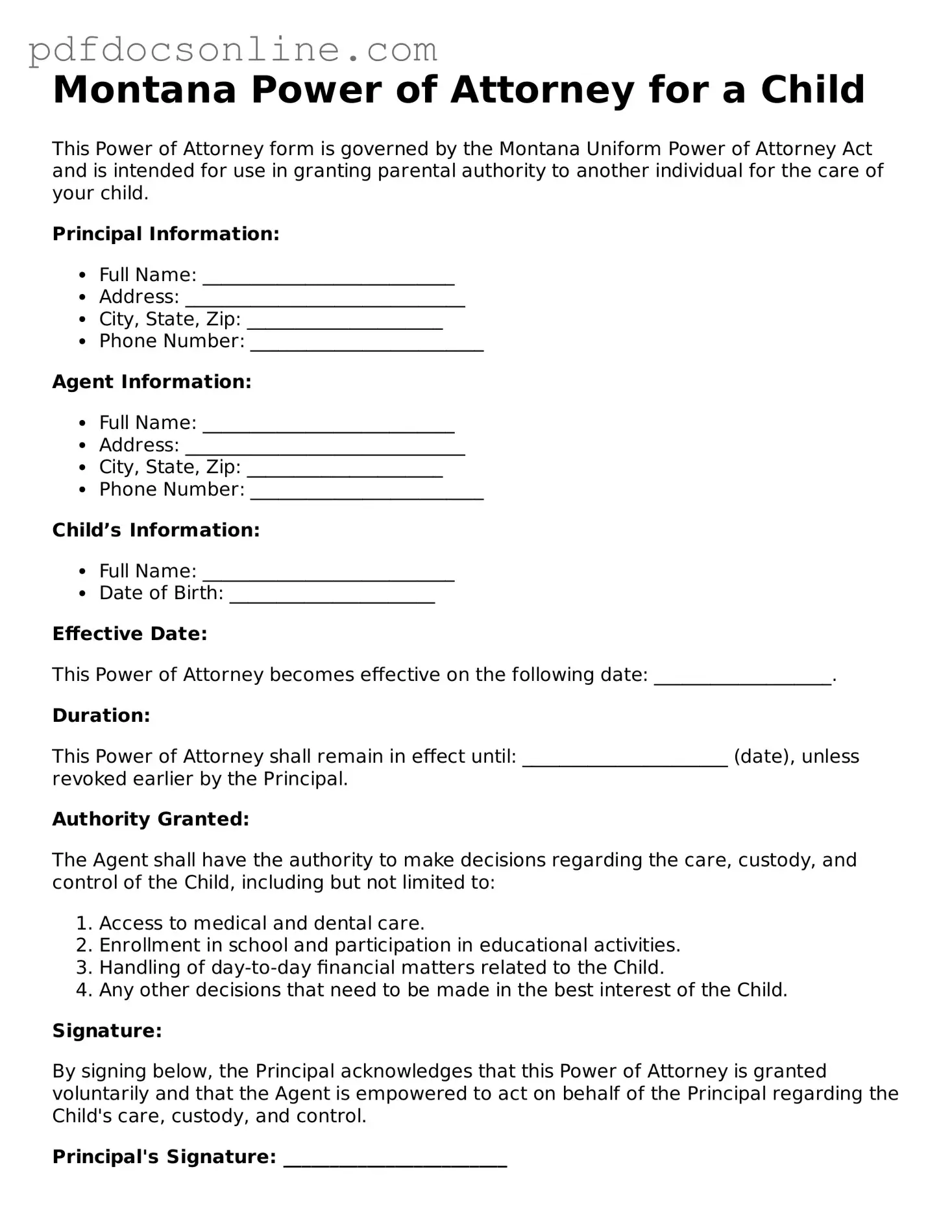 Attorney-Verified  Power of Attorney for a Child Form for Montana