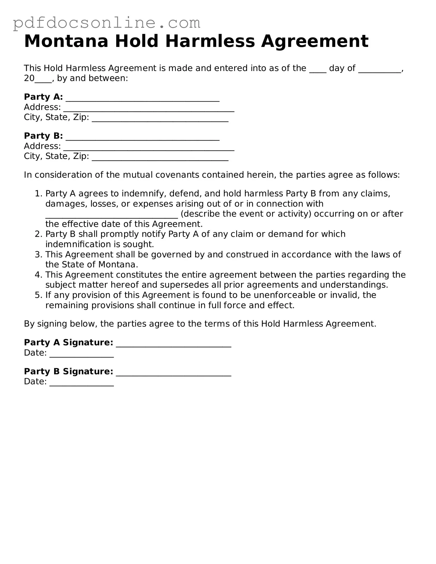 Attorney-Verified  Hold Harmless Agreement Form for Montana