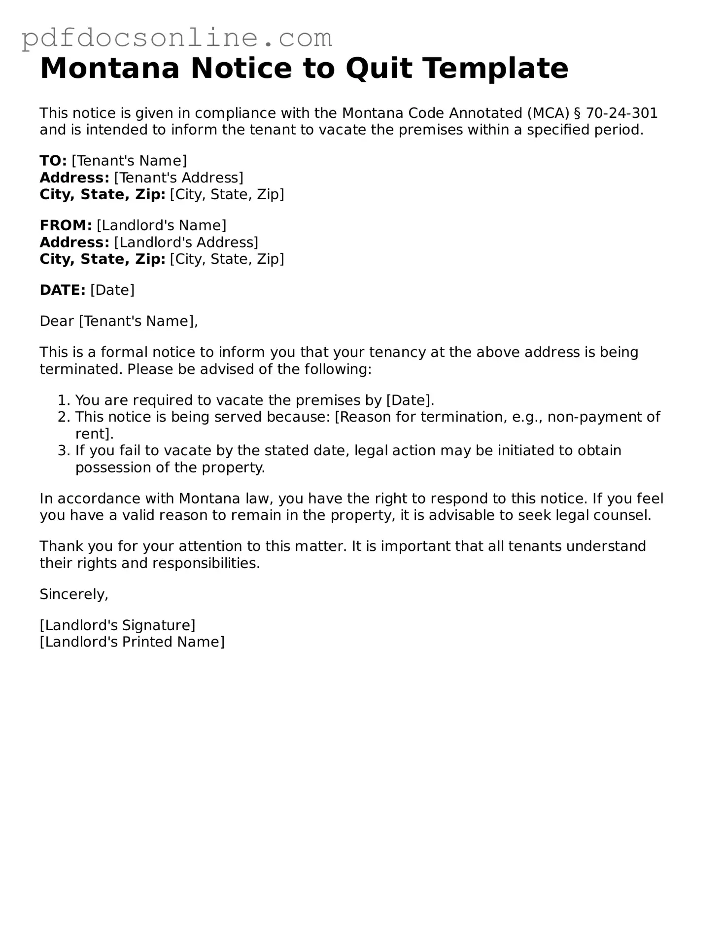 Attorney-Verified  Notice to Quit Form for Montana