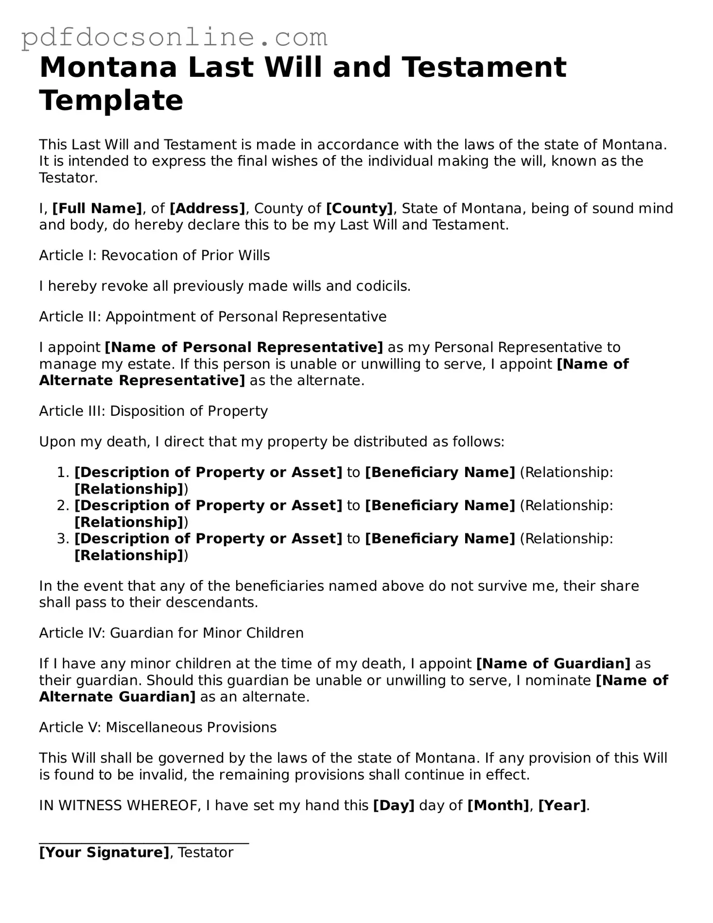 Attorney-Verified  Last Will and Testament Form for Montana